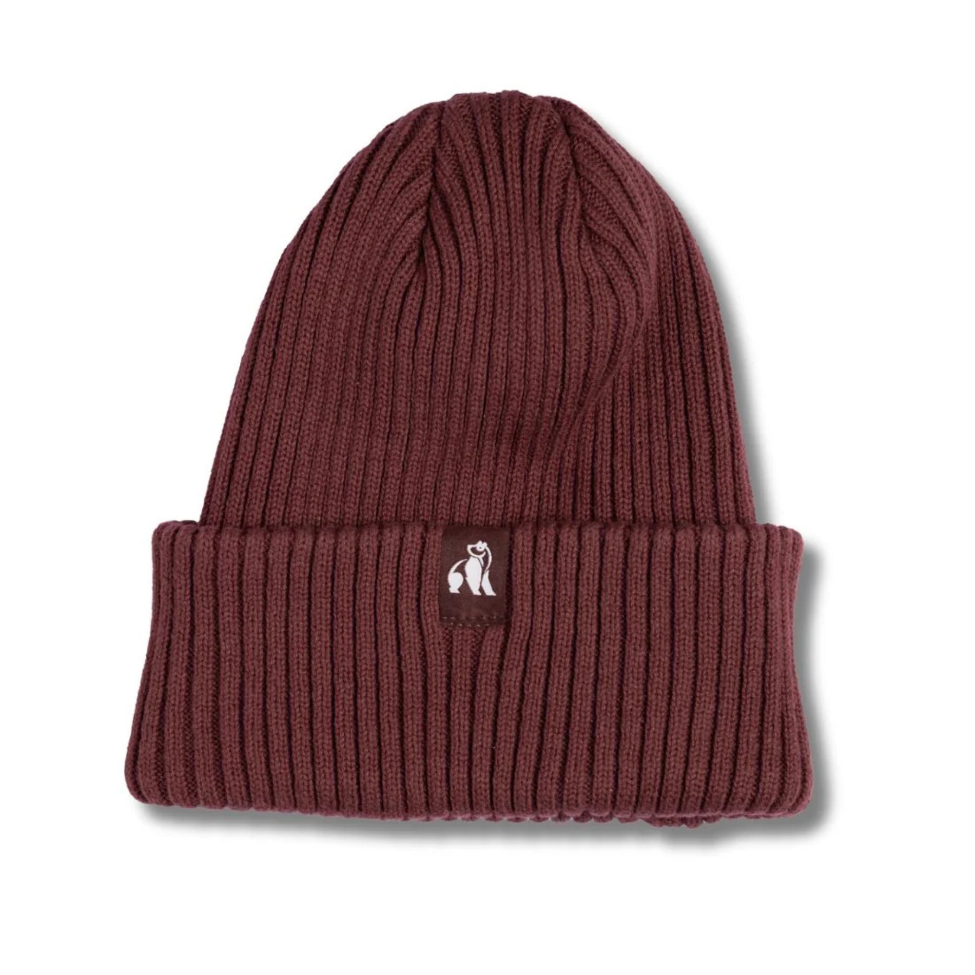 Brown ribbed knit beanie with a logo on a white background