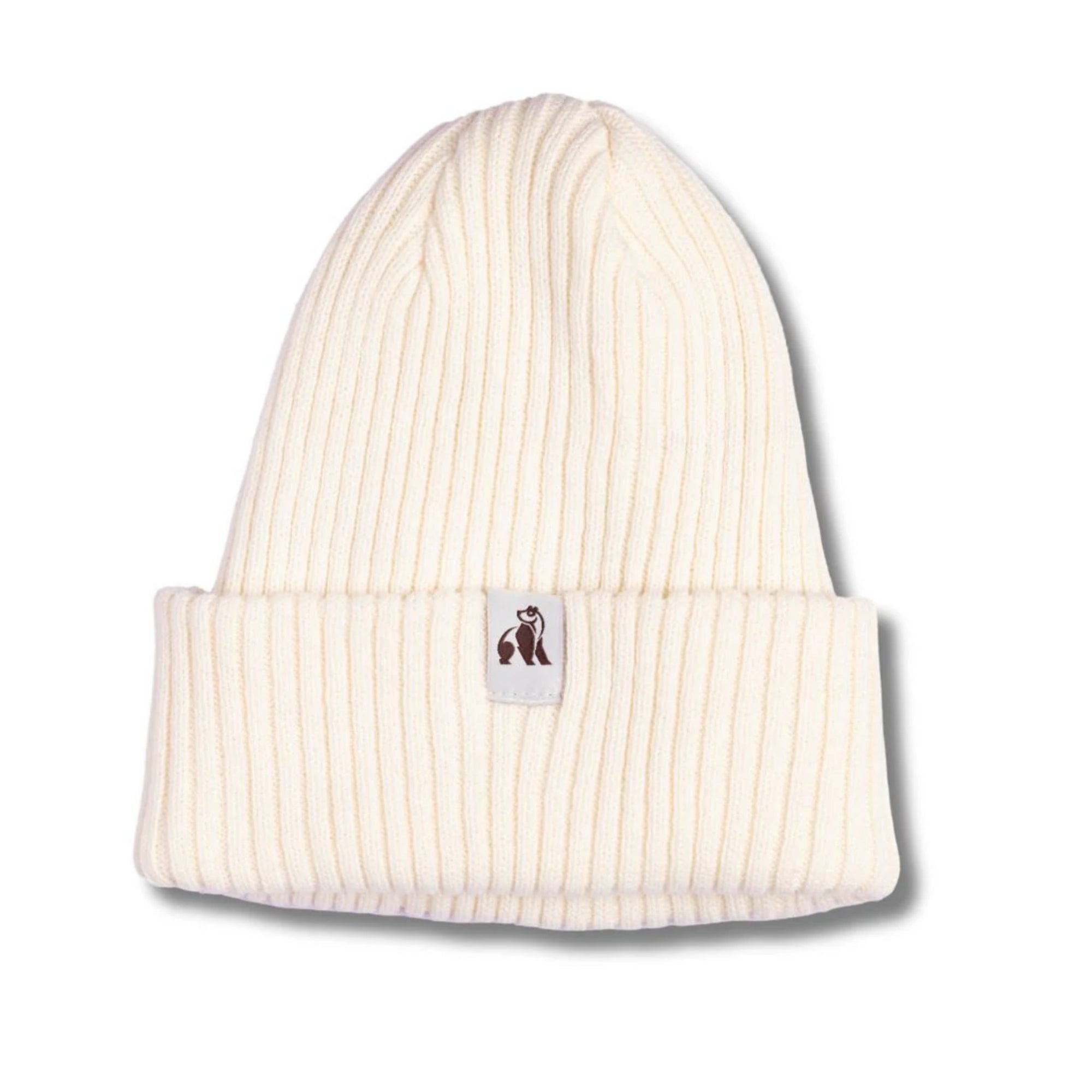 White ribbed knit beanie with a small logo on a white background