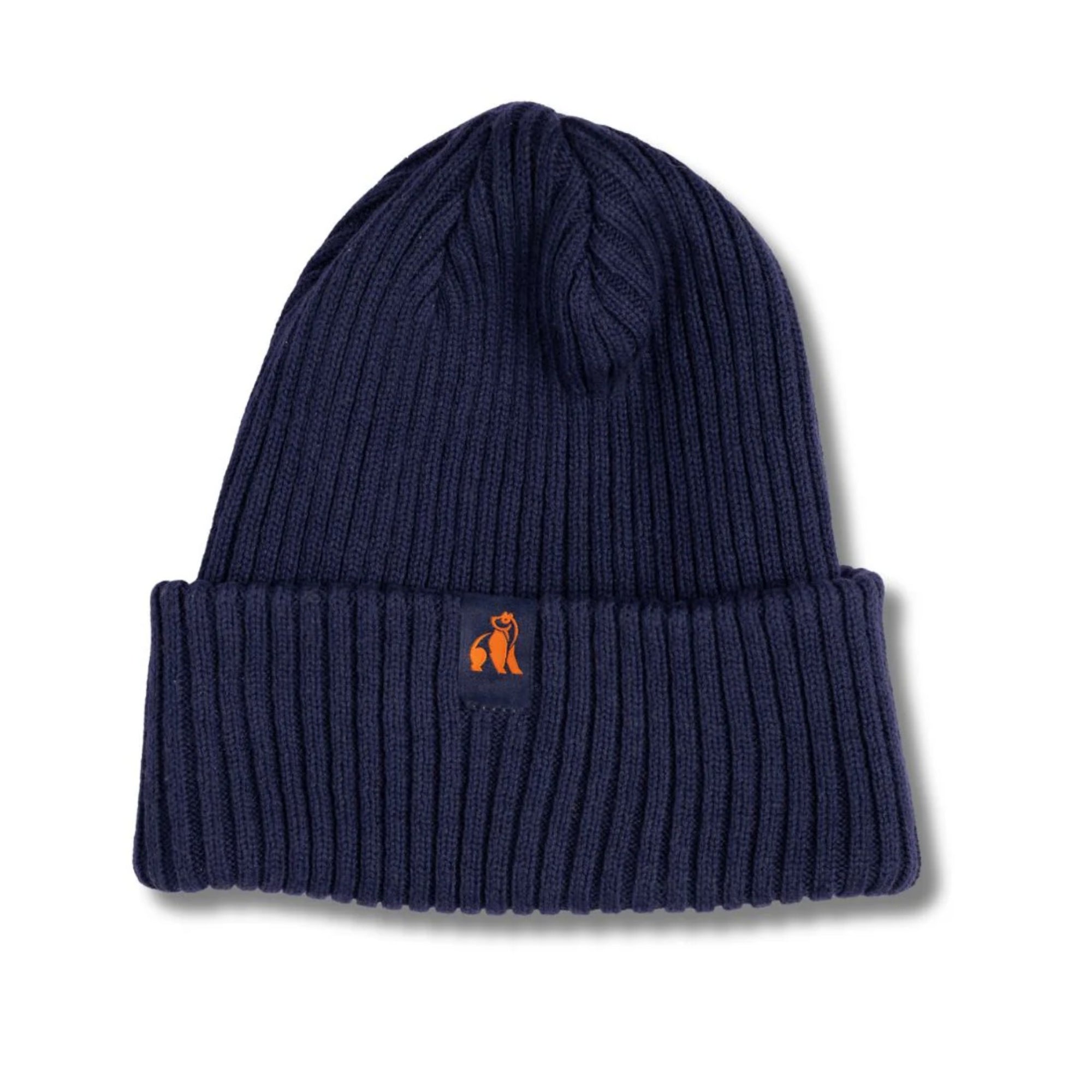 Navy blue beanie with orange logo on a white background