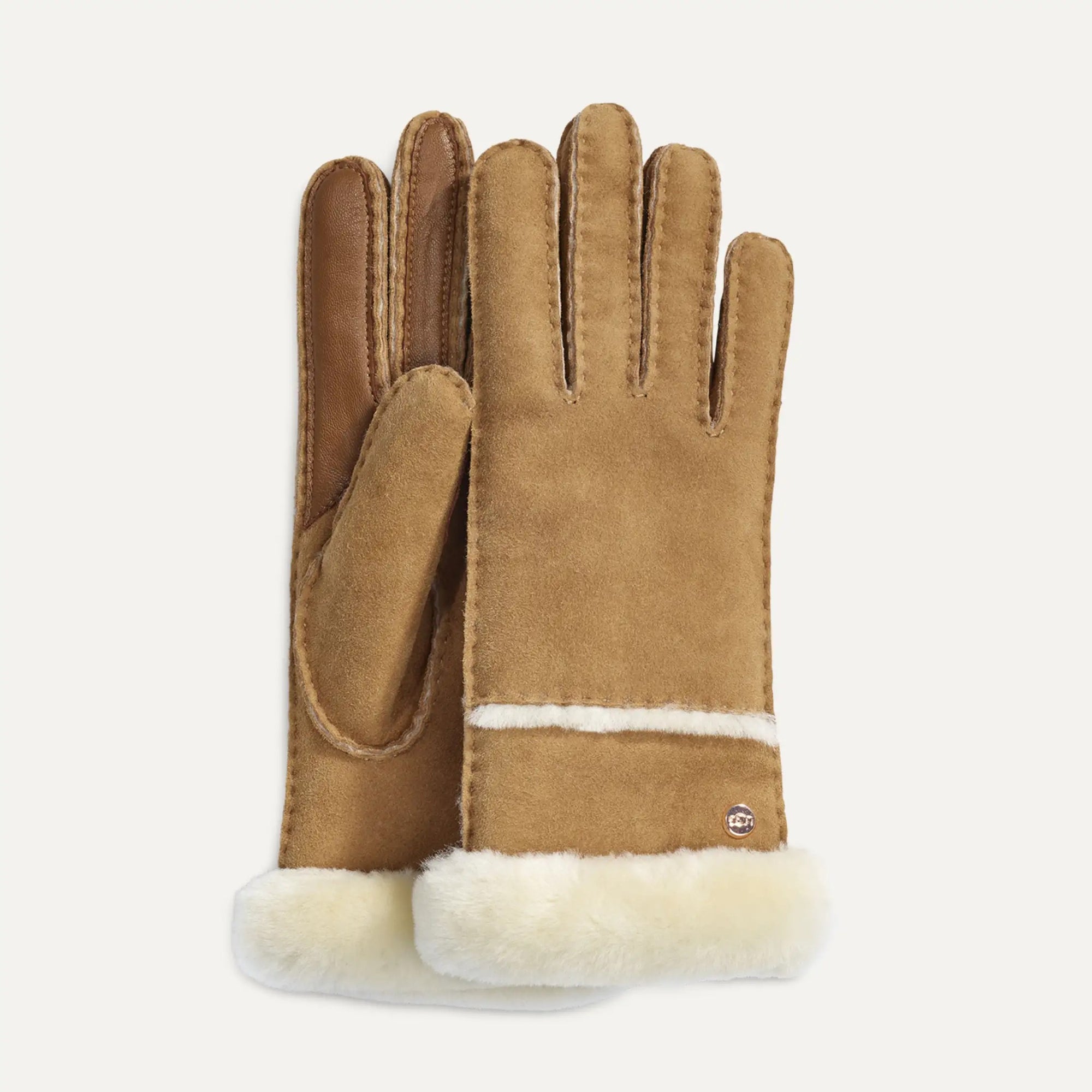 Pair of brown UGG gloves with white fur lining on a light gray background