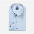 Light blue dress shirt with patterned collar and cuffs on a white background