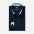 Navy blue dress shirt with patterned inner lining on a light gray background
