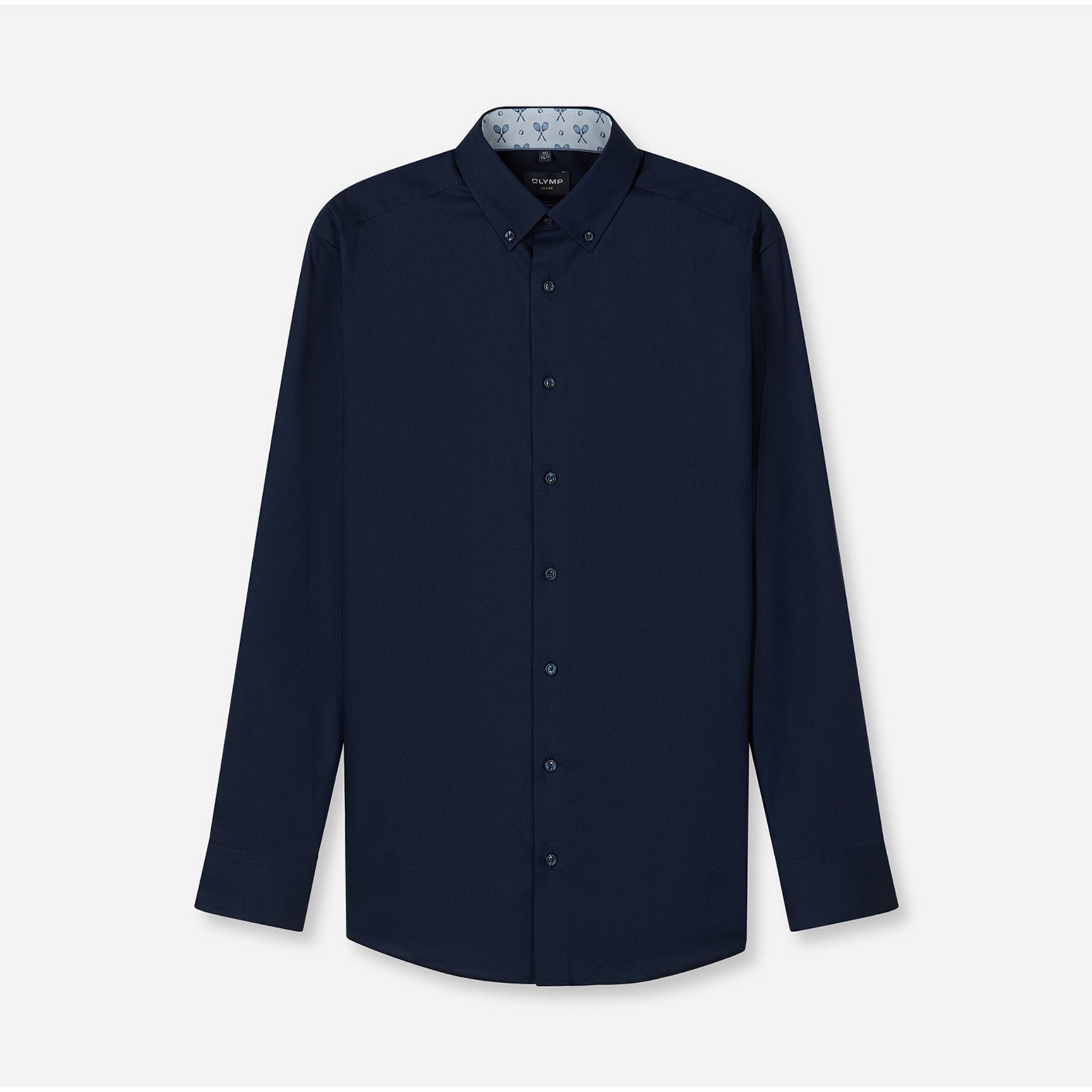 Navy blue shirt on a light gray background