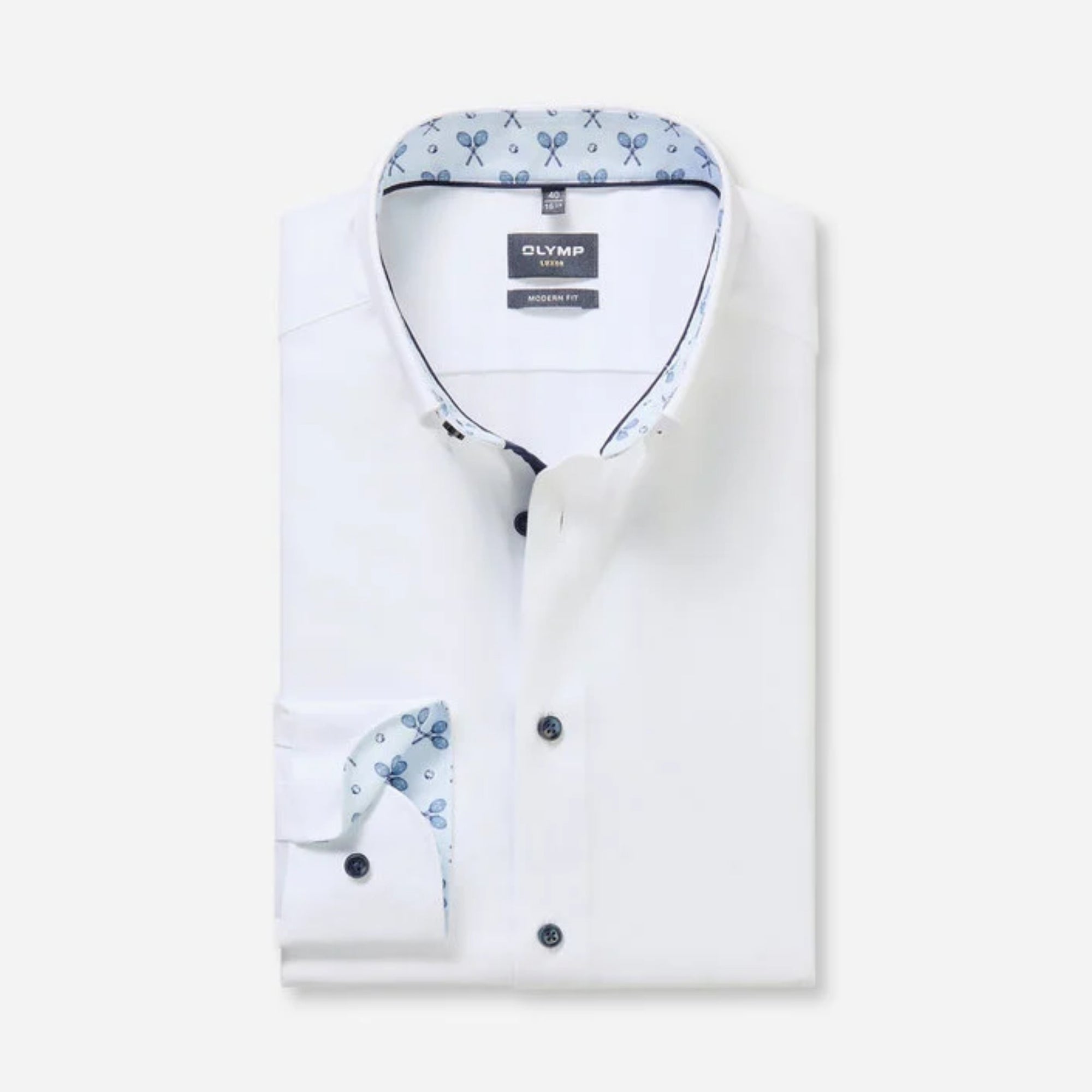 White dress shirt with blue floral patterns on a white background
