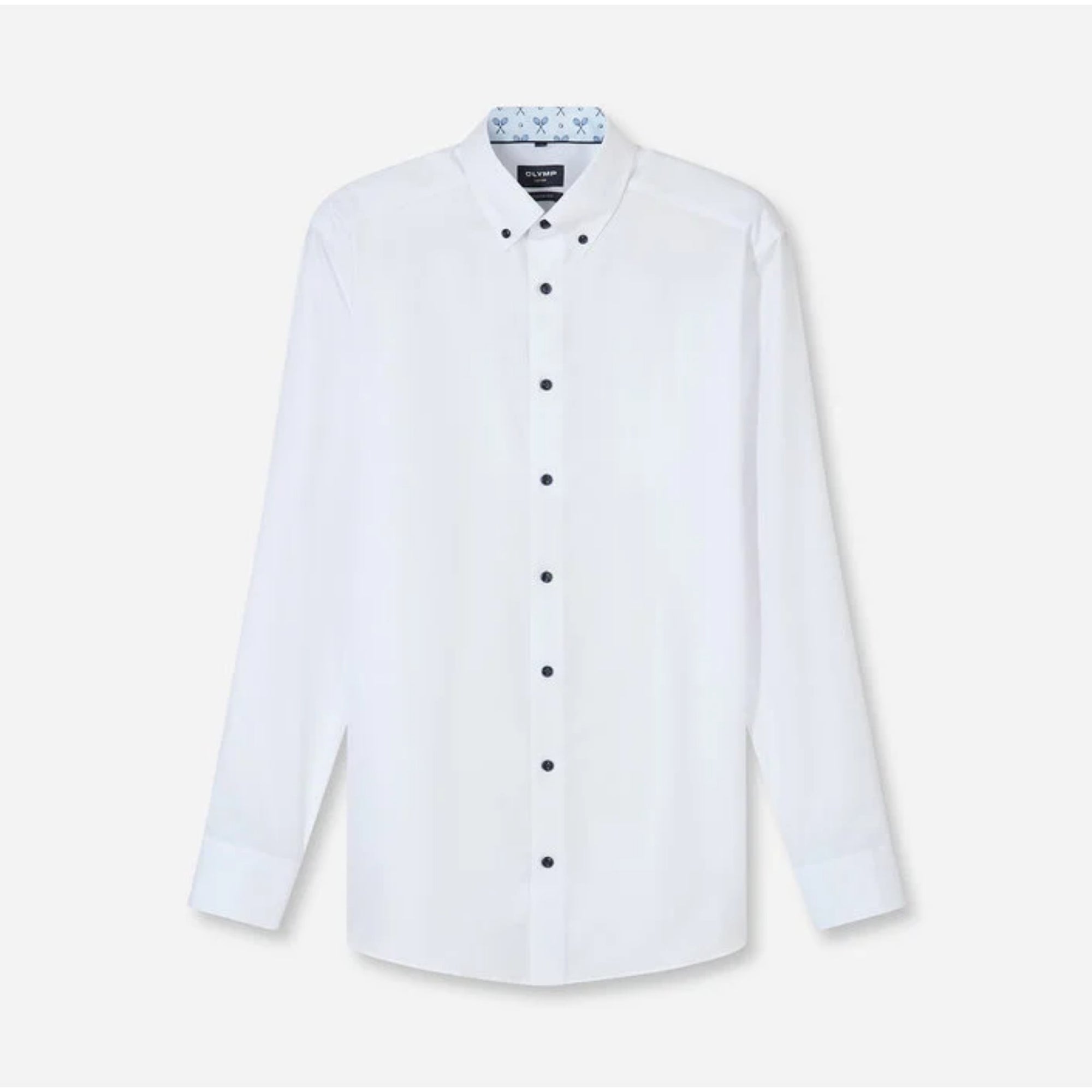 White dress shirt with black buttons on a white background