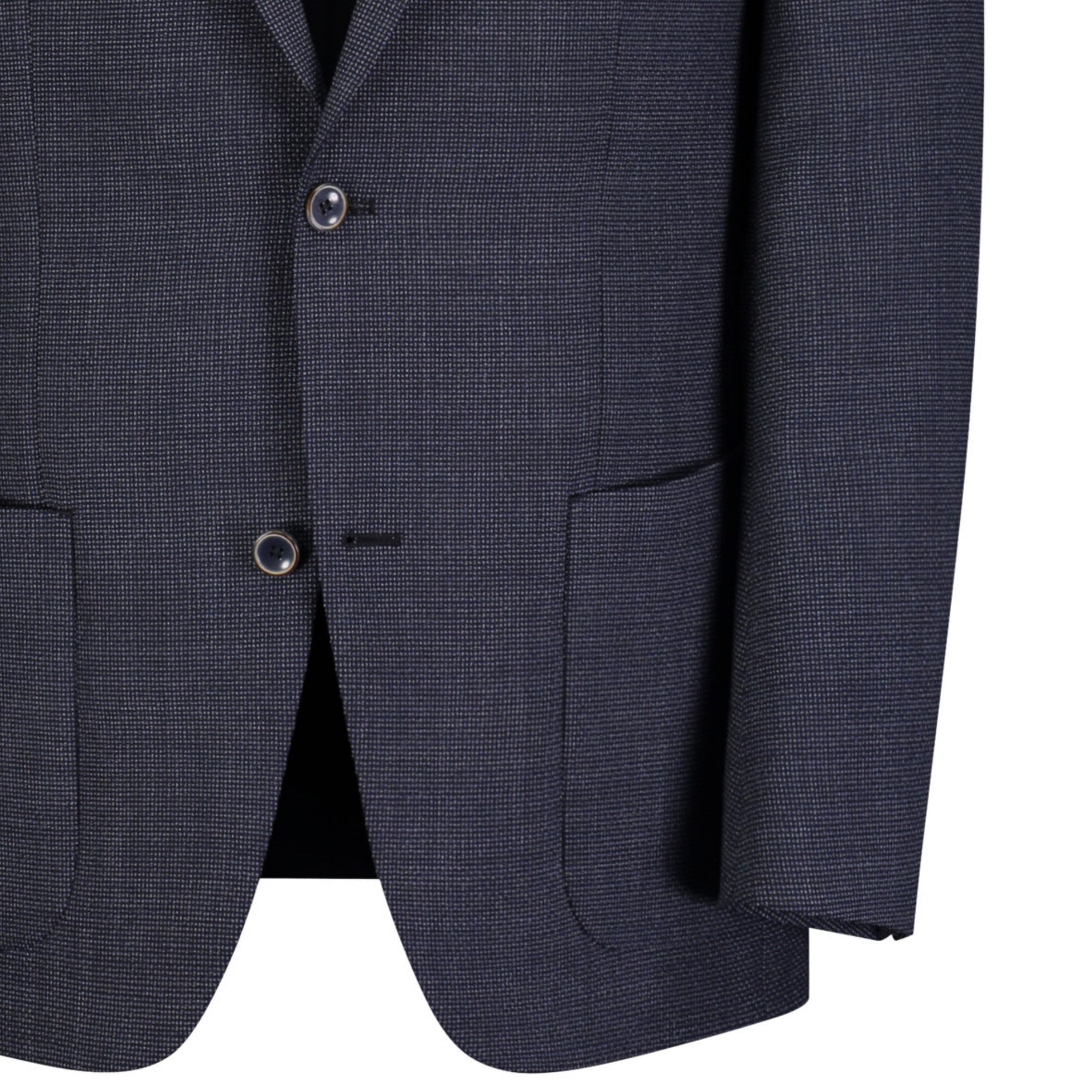 Dark blue suit jacket with two buttons on a white background