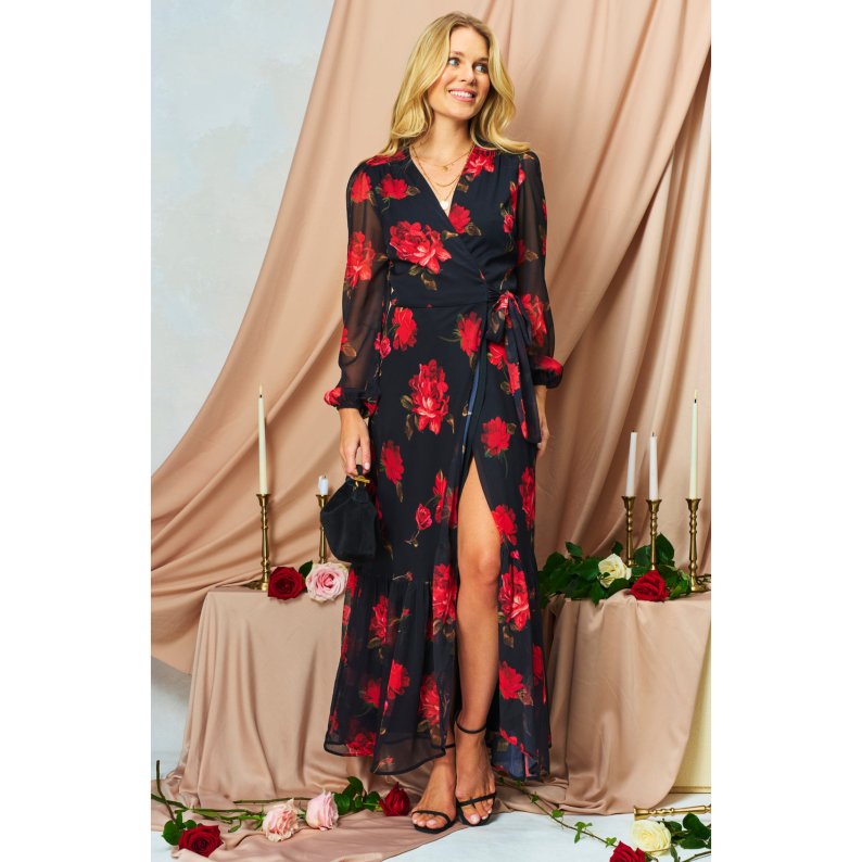 Hope &amp; Ivy The Camilla Blouson Sleeve Maxi Wrap Dress with Tie Waist