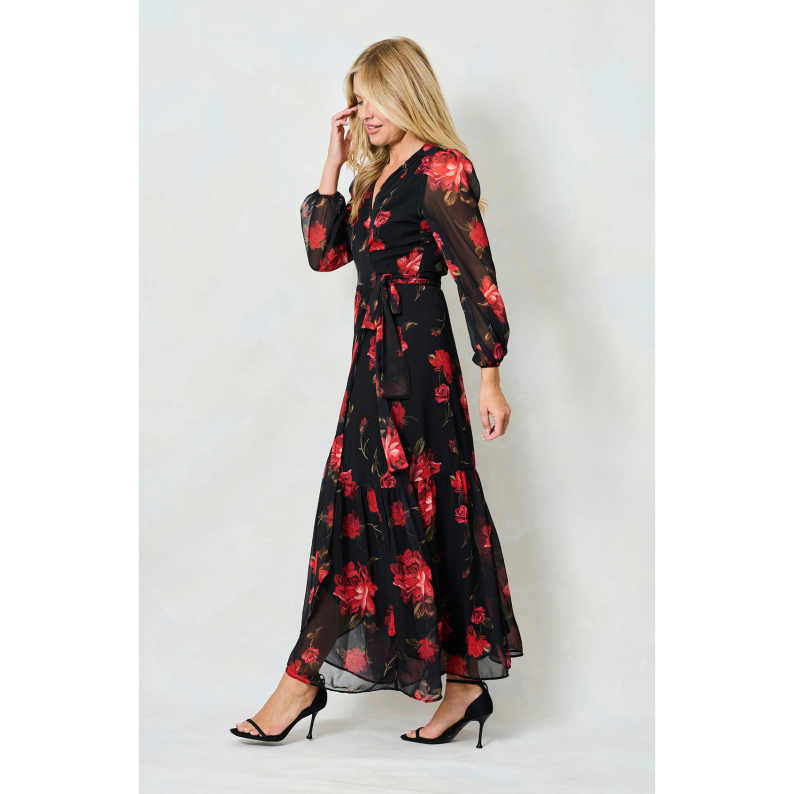 Hope &amp; Ivy The Camilla Blouson Sleeve Maxi Wrap Dress with Tie Waist