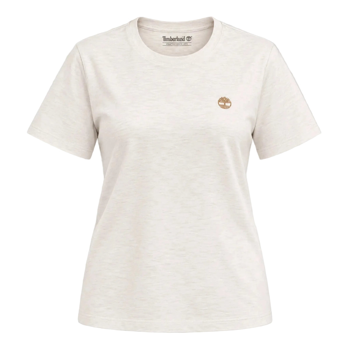 A women's short-sleeve crewneck t-shirt in a light heathered off-white color, featuring a small embroidered gold Timberland tree logo on the left chest, shown against a neutral gray background.