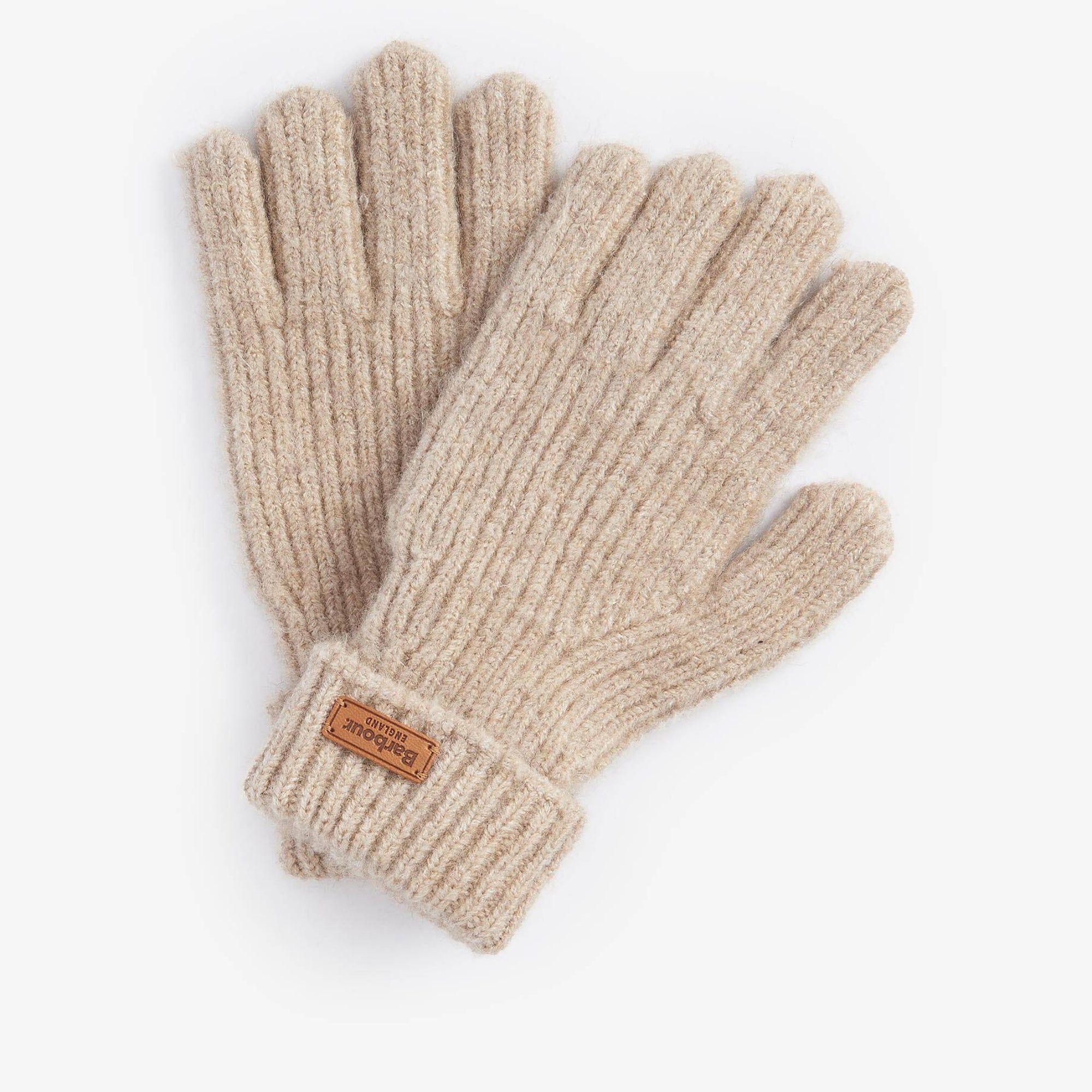 Pair of beige gloves with a brand label on a white background