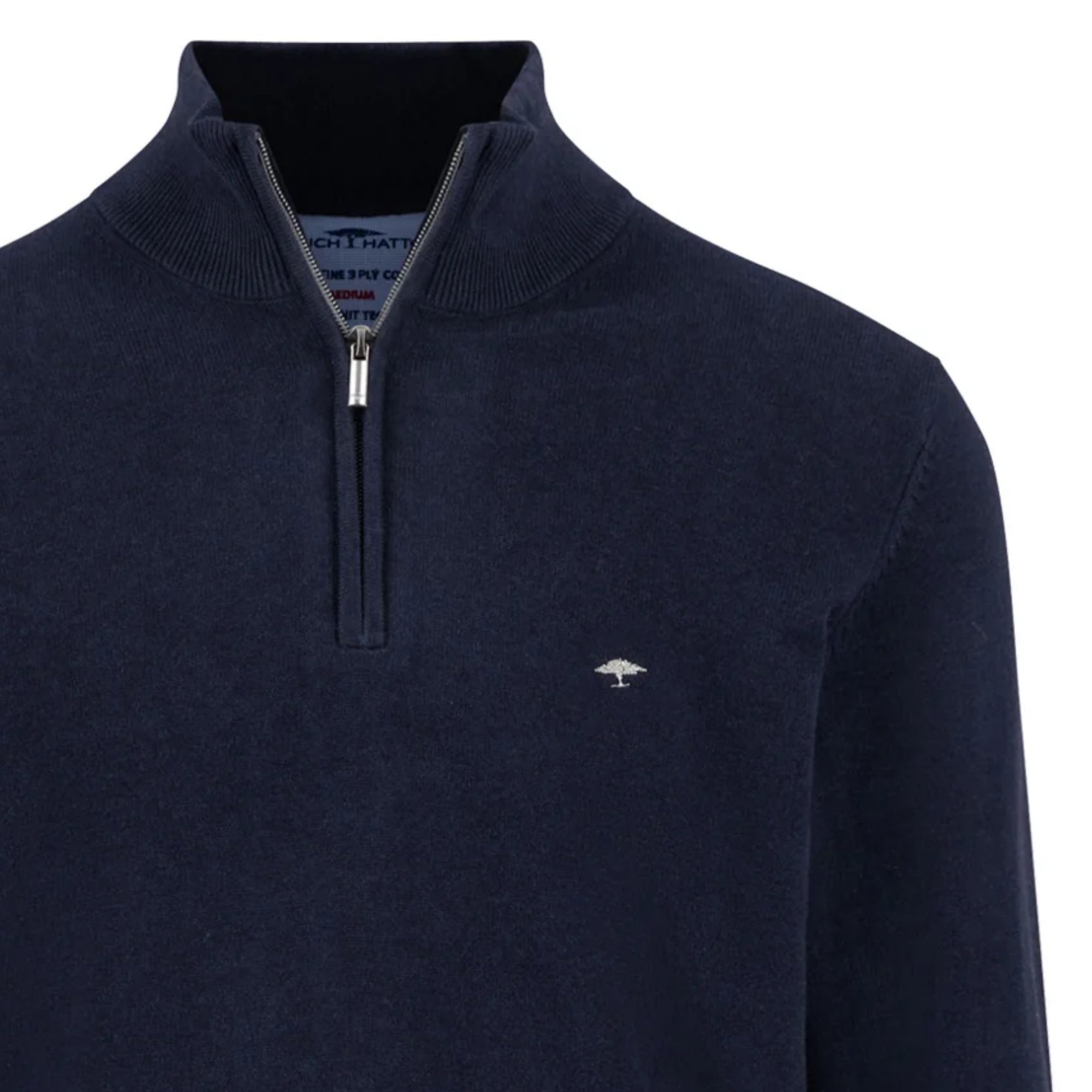 Navy blue half zip sweater with a zipper on a white background