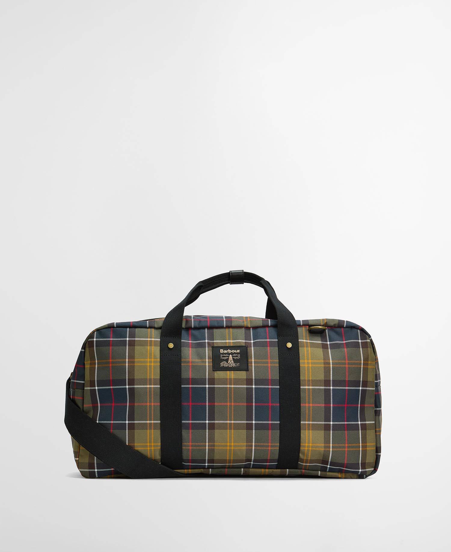 A Barbour duffel bag in a yellow, blue, and red tartan plaid pattern, featuring black webbing handles and a black shoulder strap, set against a plain light gray background.