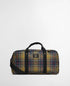 A Barbour duffel bag in a yellow, blue, and red tartan plaid pattern, featuring black webbing handles and a black shoulder strap, set against a plain light gray background.