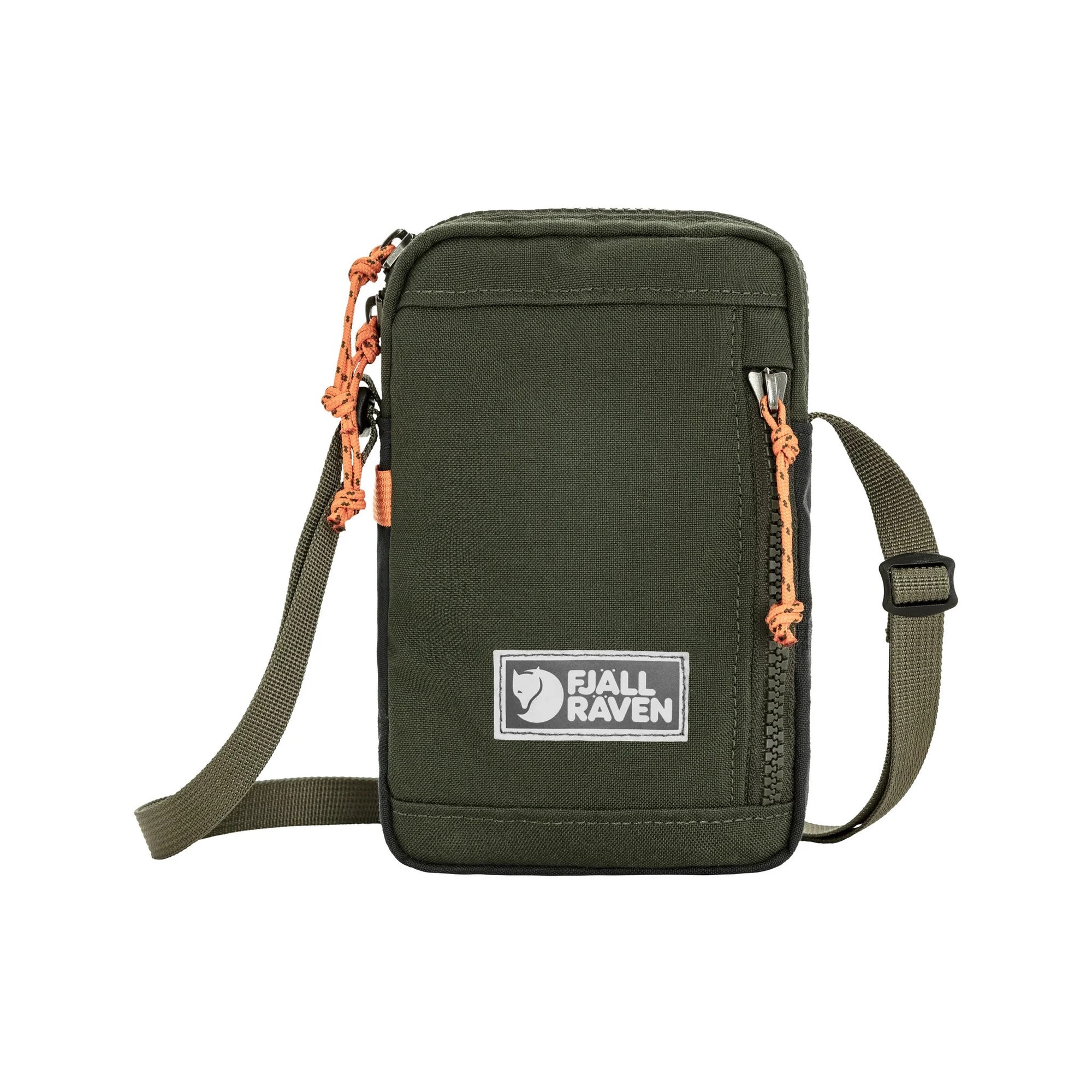 Deep forest crossbody bag with orange zippers and Fjällräven logo on a white background