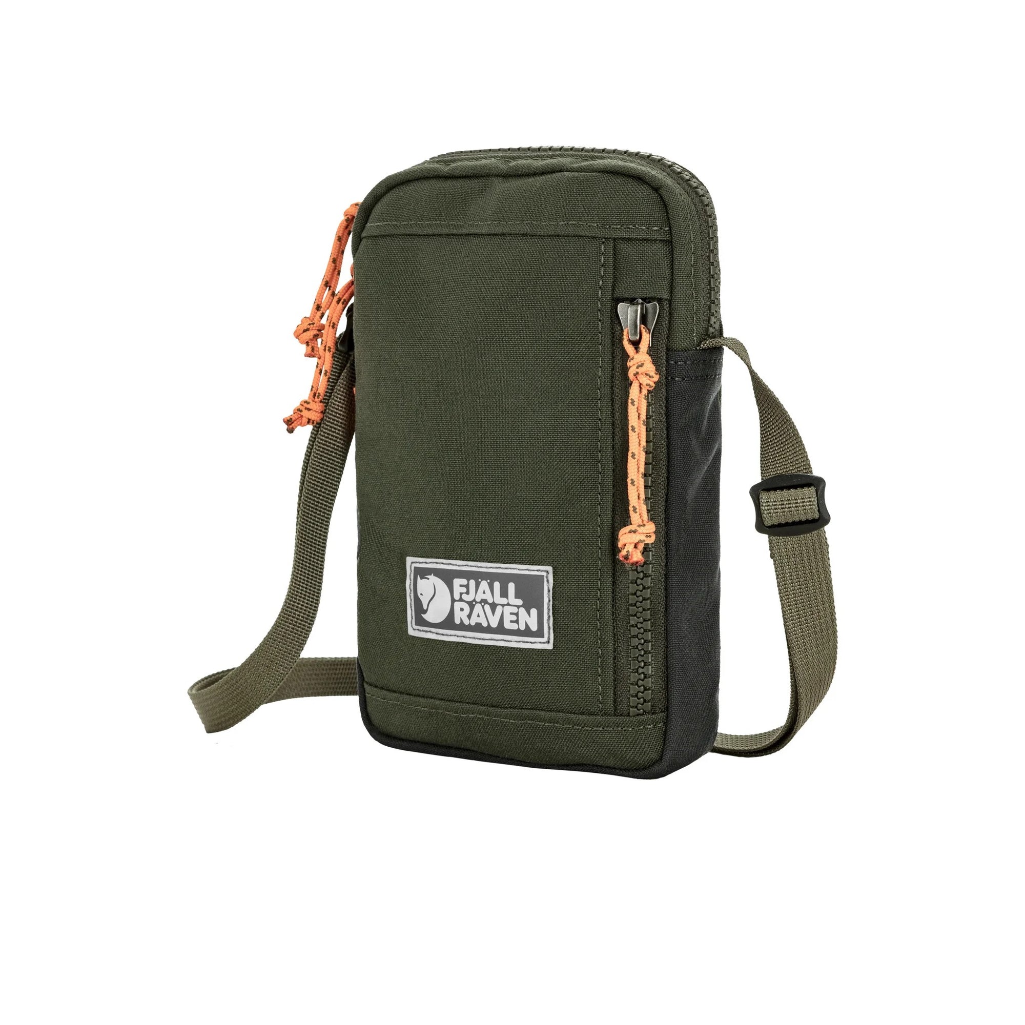 Deep forest crossbody bag with orange accents and Fjällräven logo on a white background