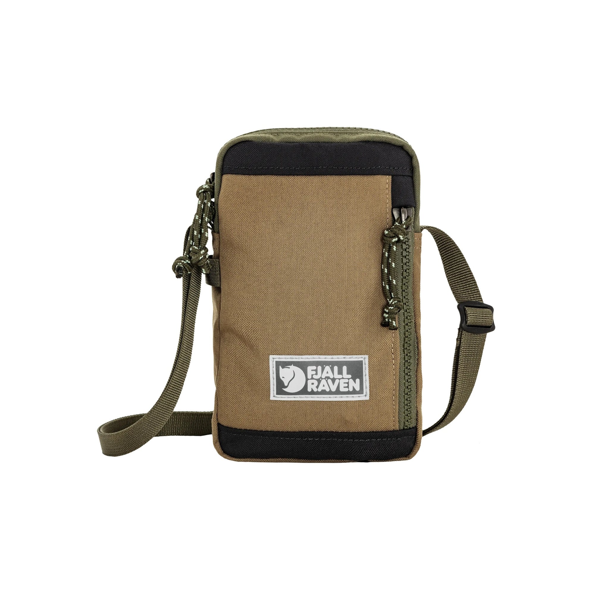 Green-Clay crossbody bag with black accents and Fjällräven logo on a white background