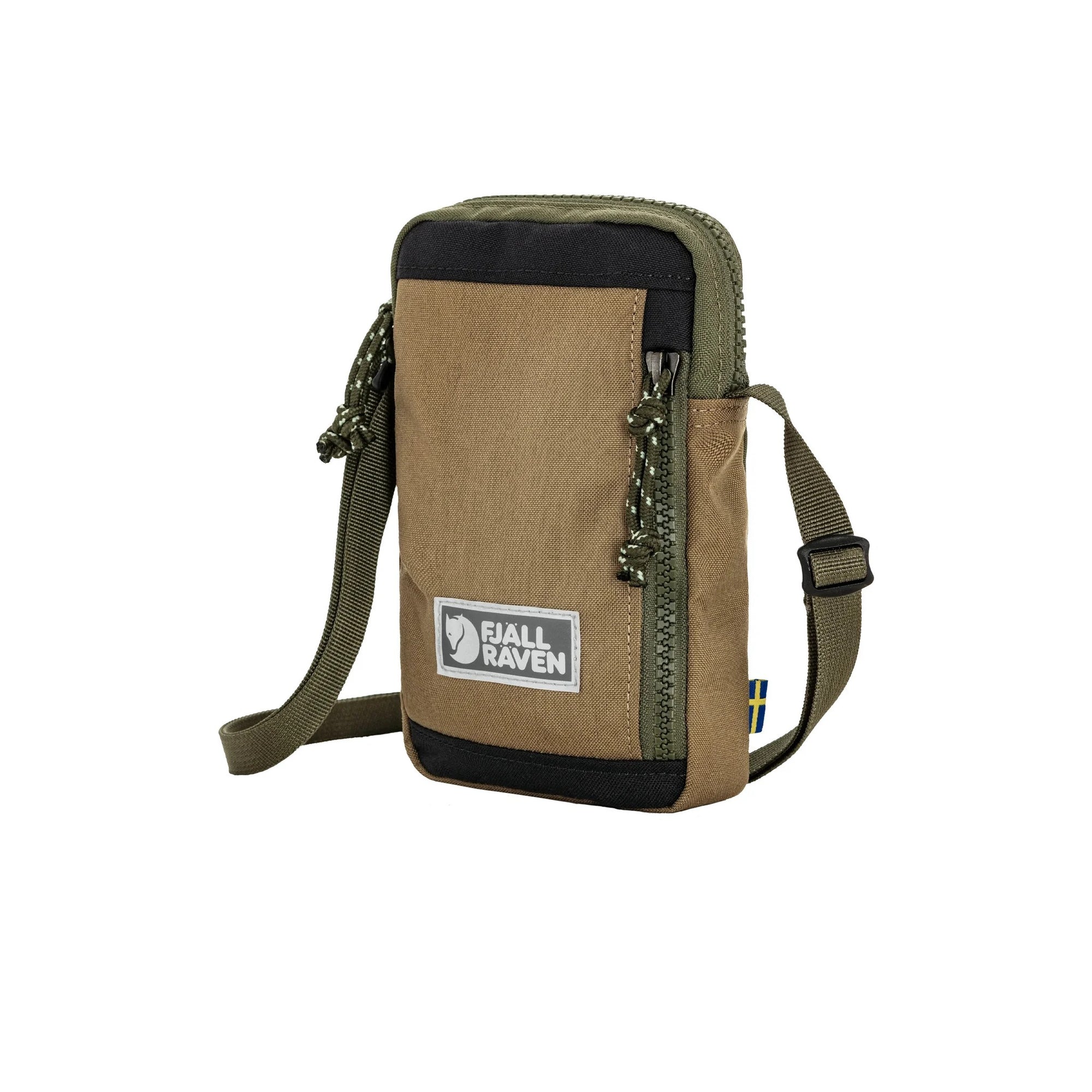 Green-Clay crossbody bag with black accents and visible Fjällräven logo on a white background