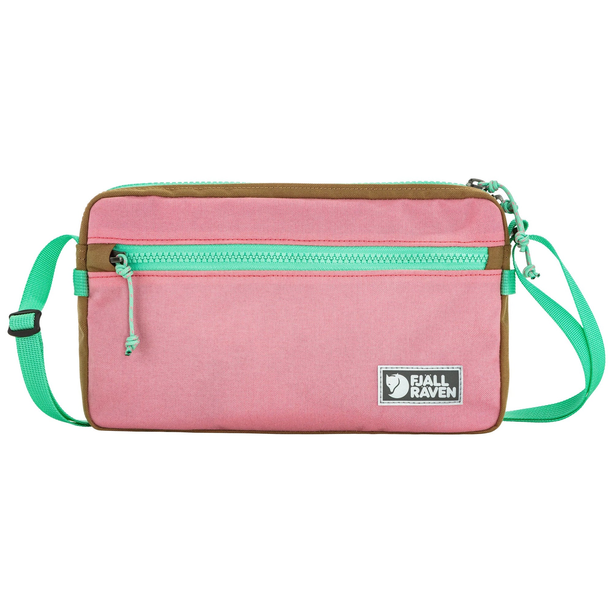Pink crossbody bag with green straps and visible brand logo on a white background