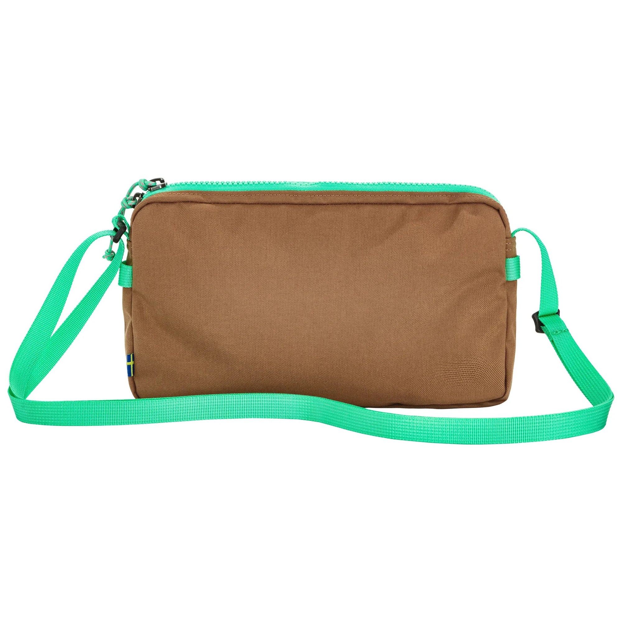 Brown bag with green strap on a white background