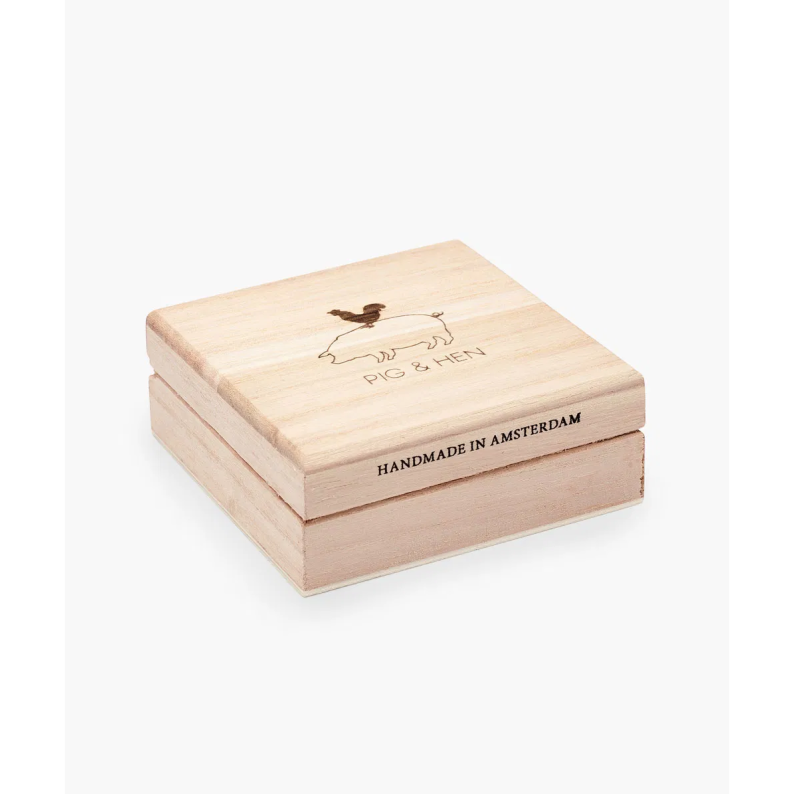 Wooden box with 'Pig & Hen' branding on a white background