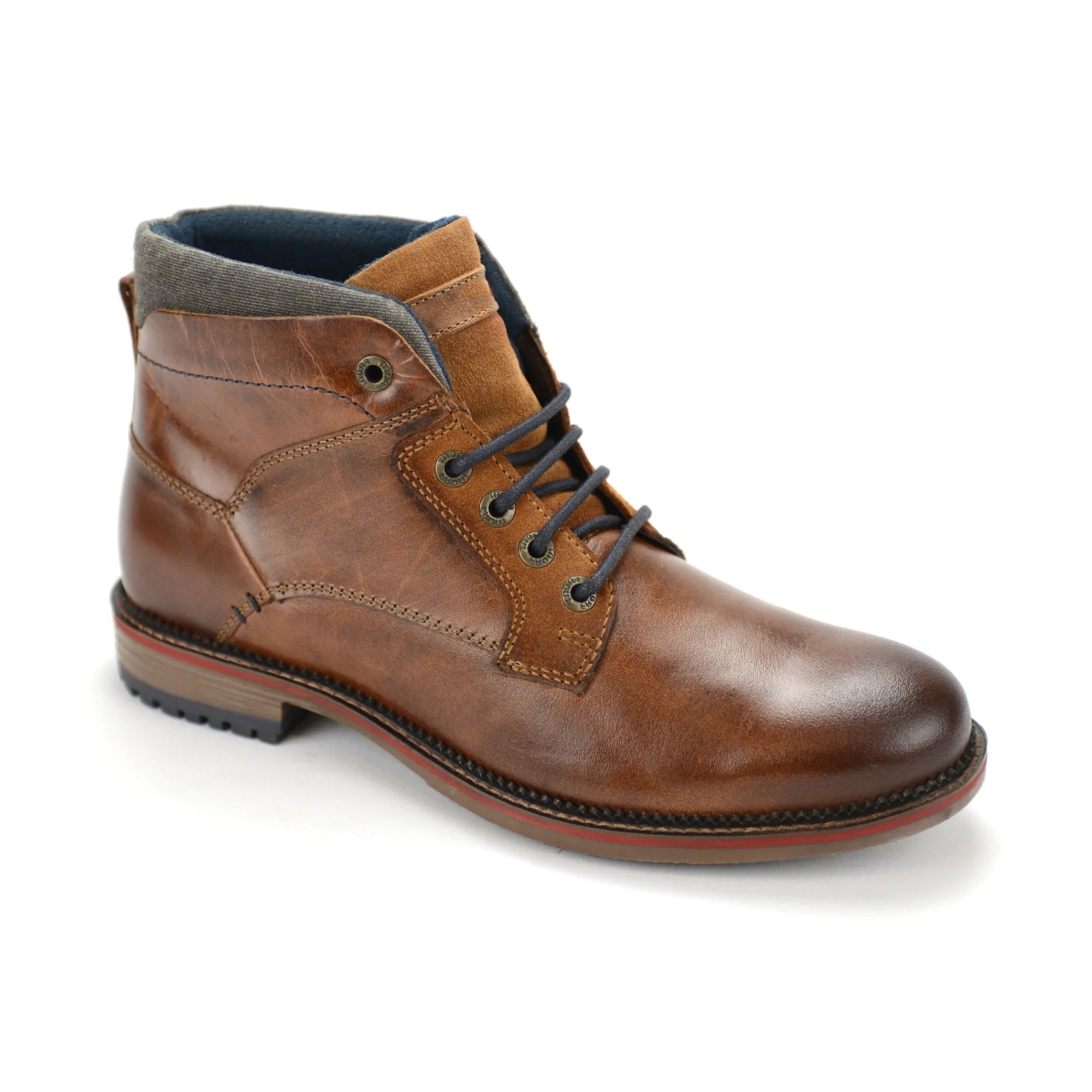 Brown leather boot with black laces on a white background