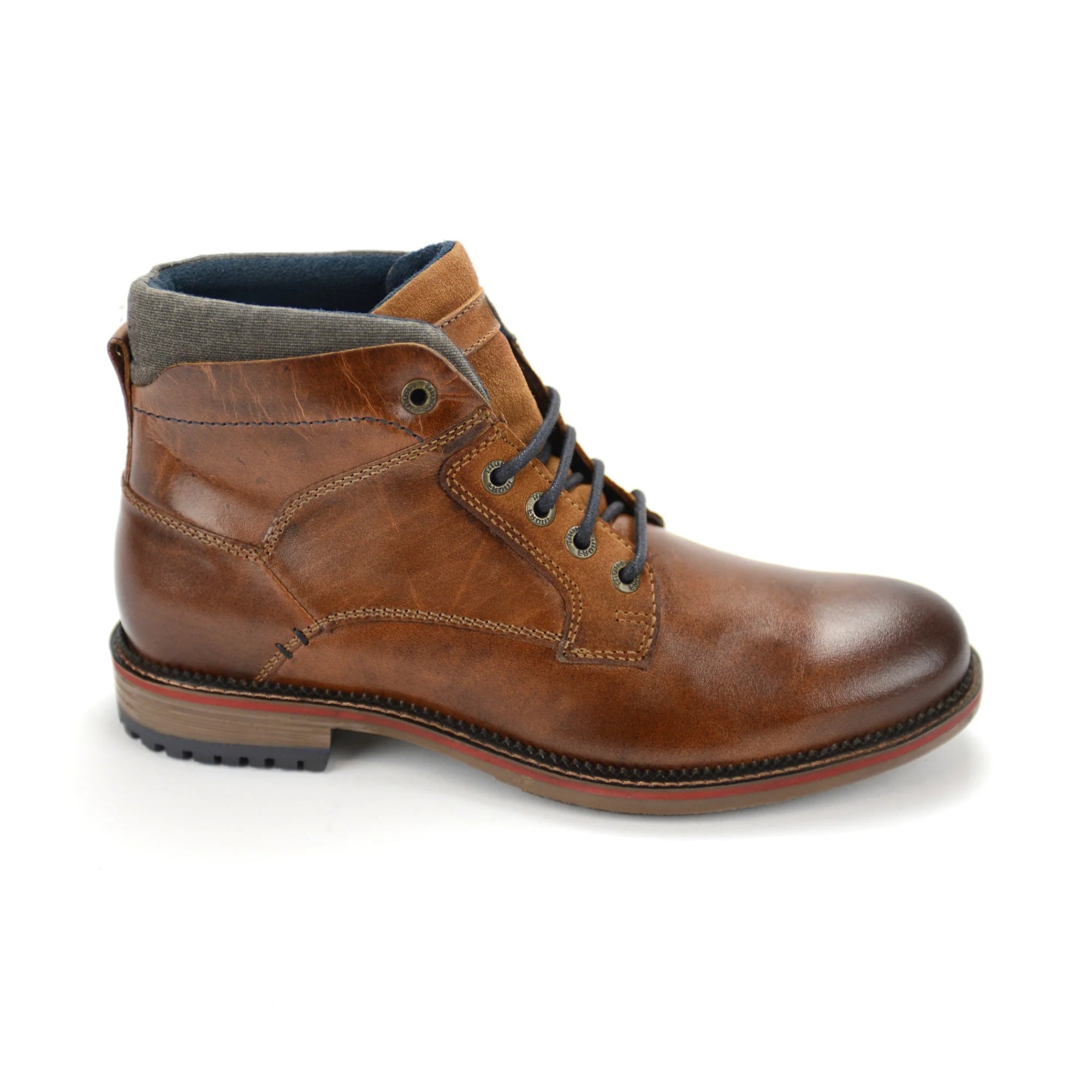 Brown leather boot with black laces on a white background