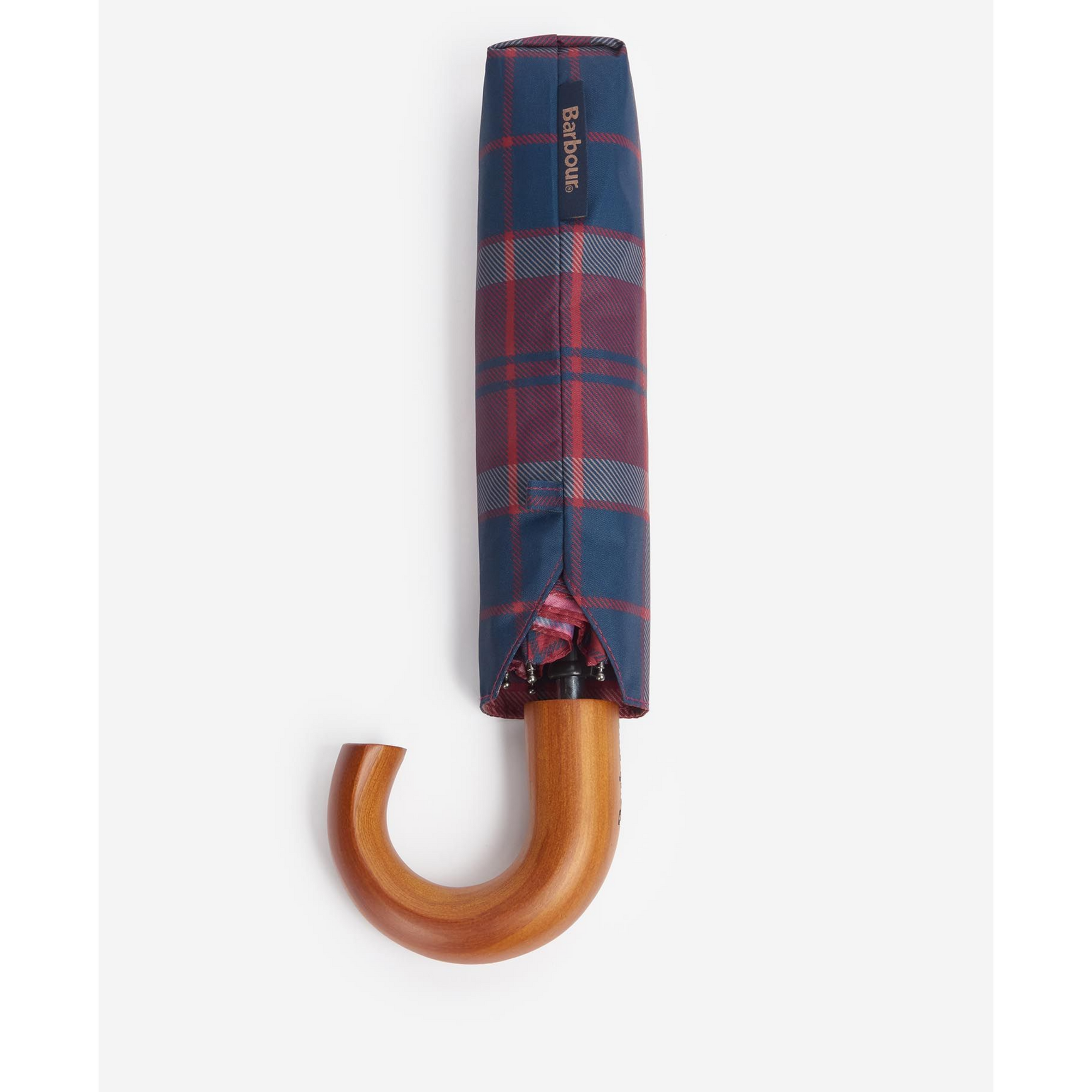 Foldable umbrella with plaid pattern and wooden handle on a white background