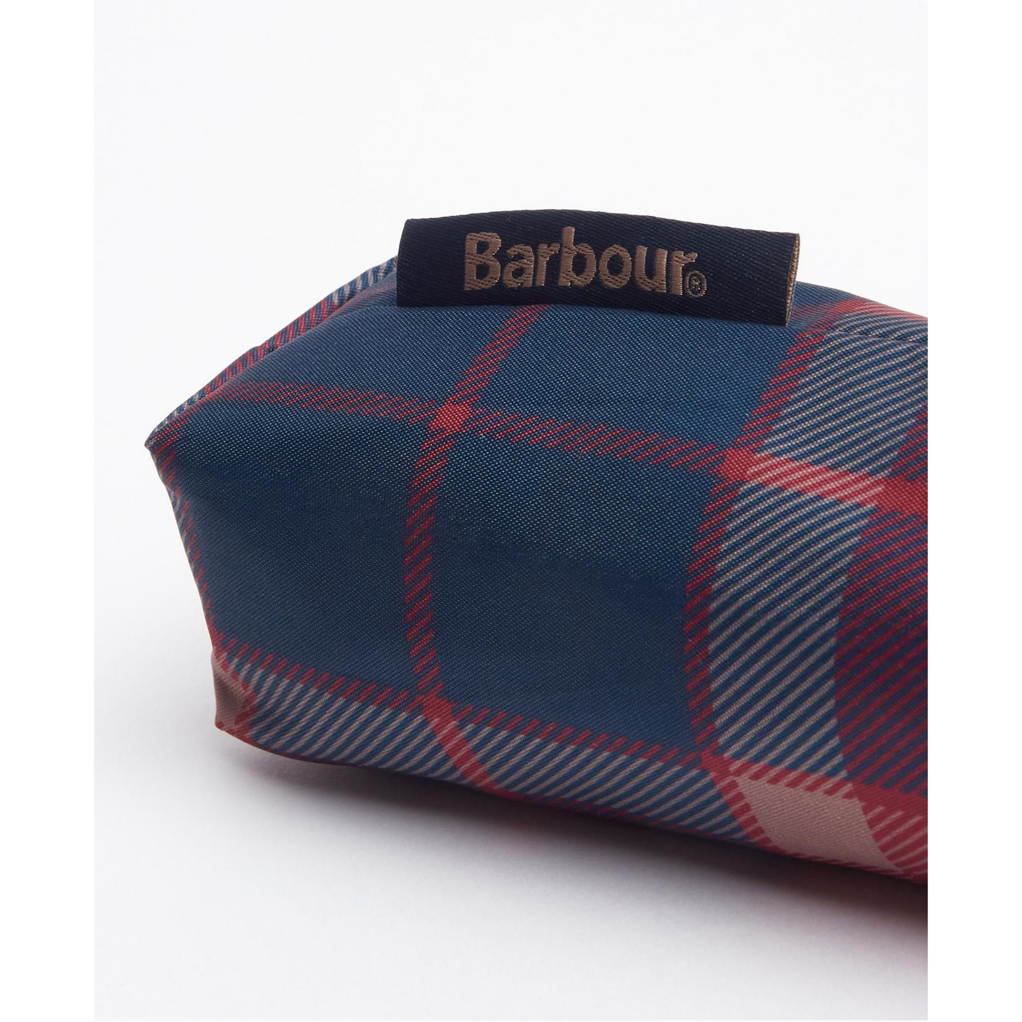 Plaid patterned pouch with Barbour logo on a white background