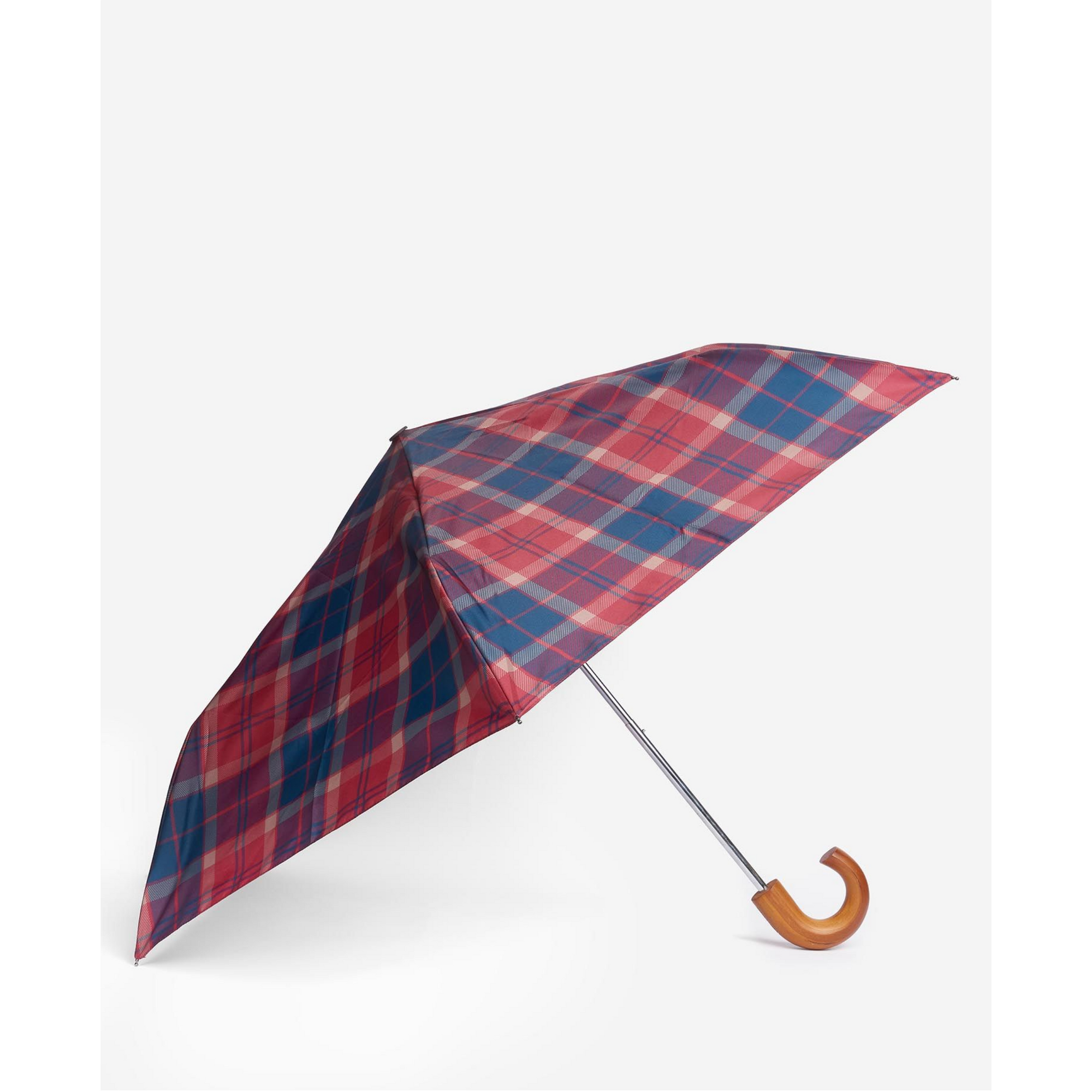 Plaid umbrella with wooden handle on a white background