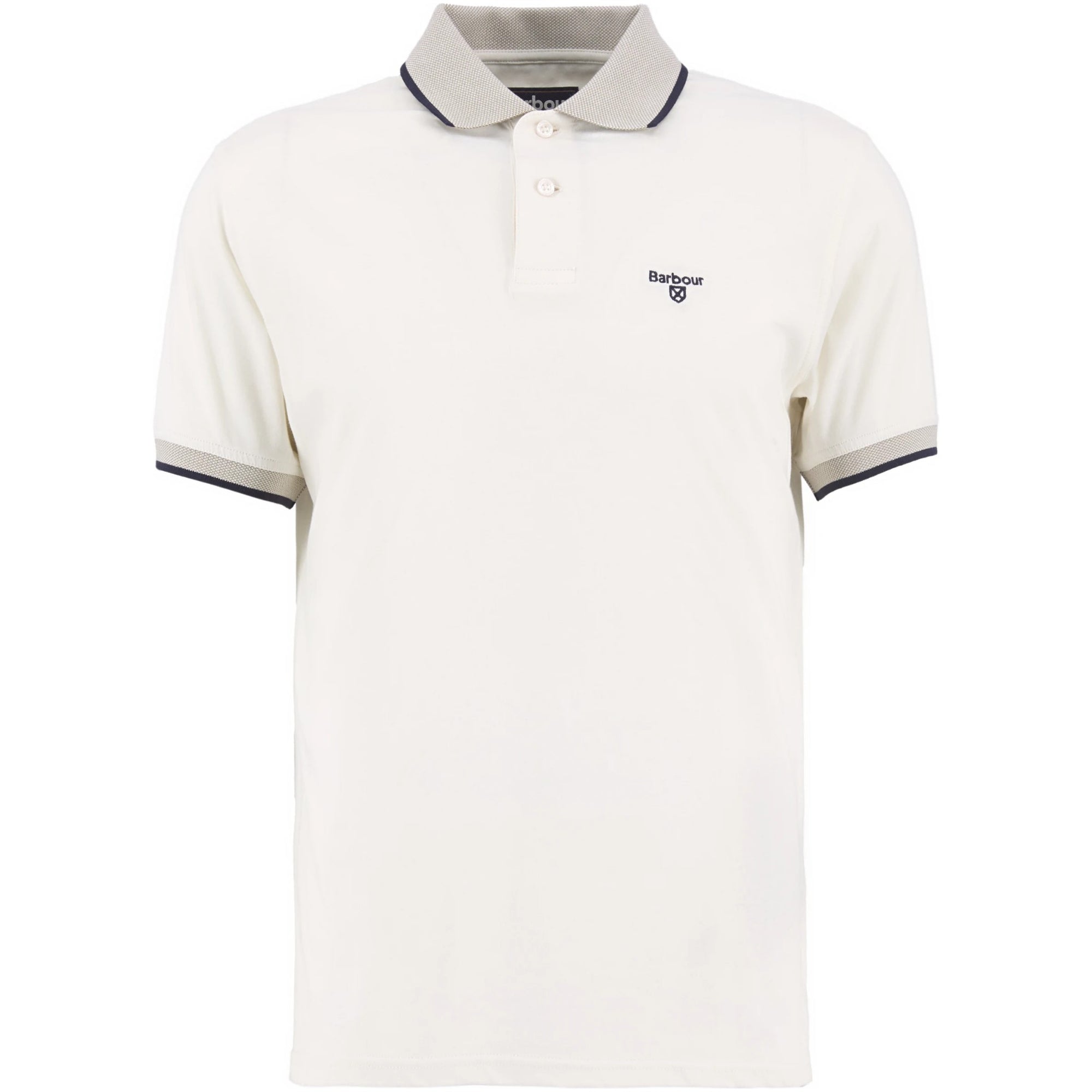 White polo shirt with black trim on a white background