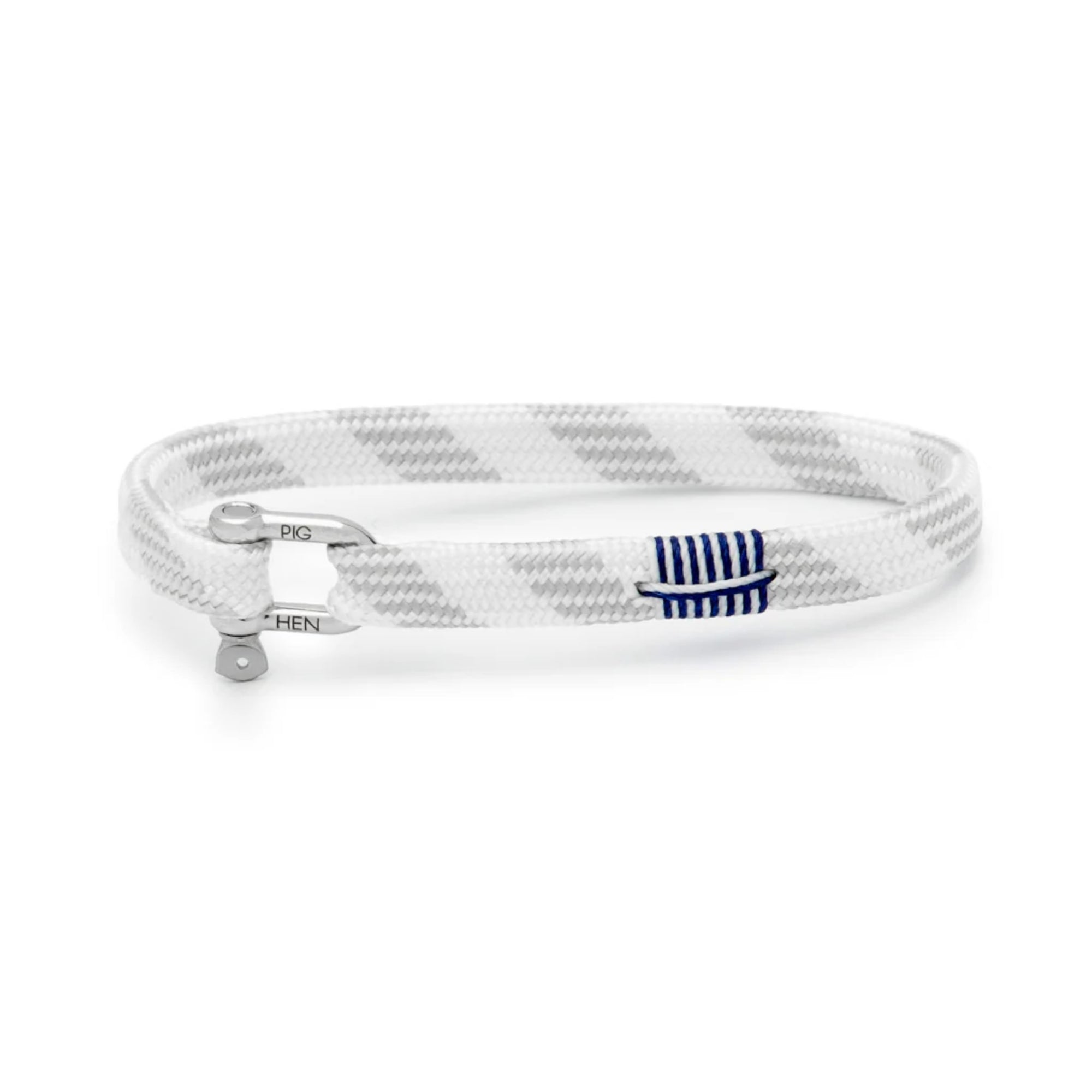 White woven bracelet with a blue logo on a white background