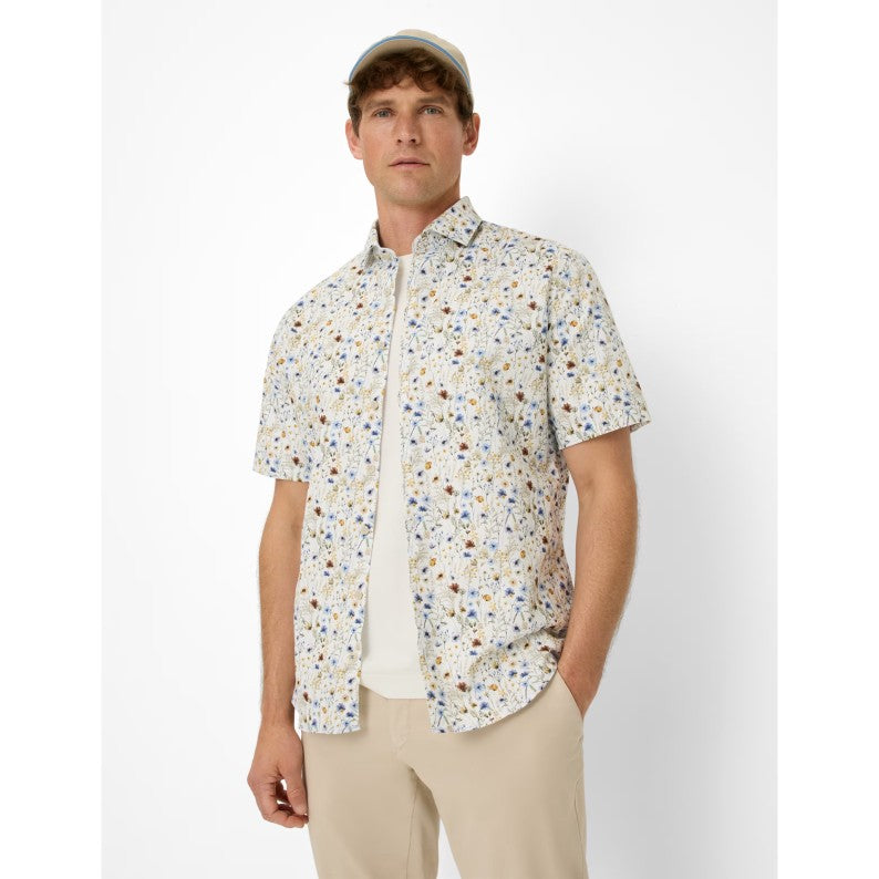 Brax Cotton-Linen Short Sleeve Shirt 46-3828 Flower Print