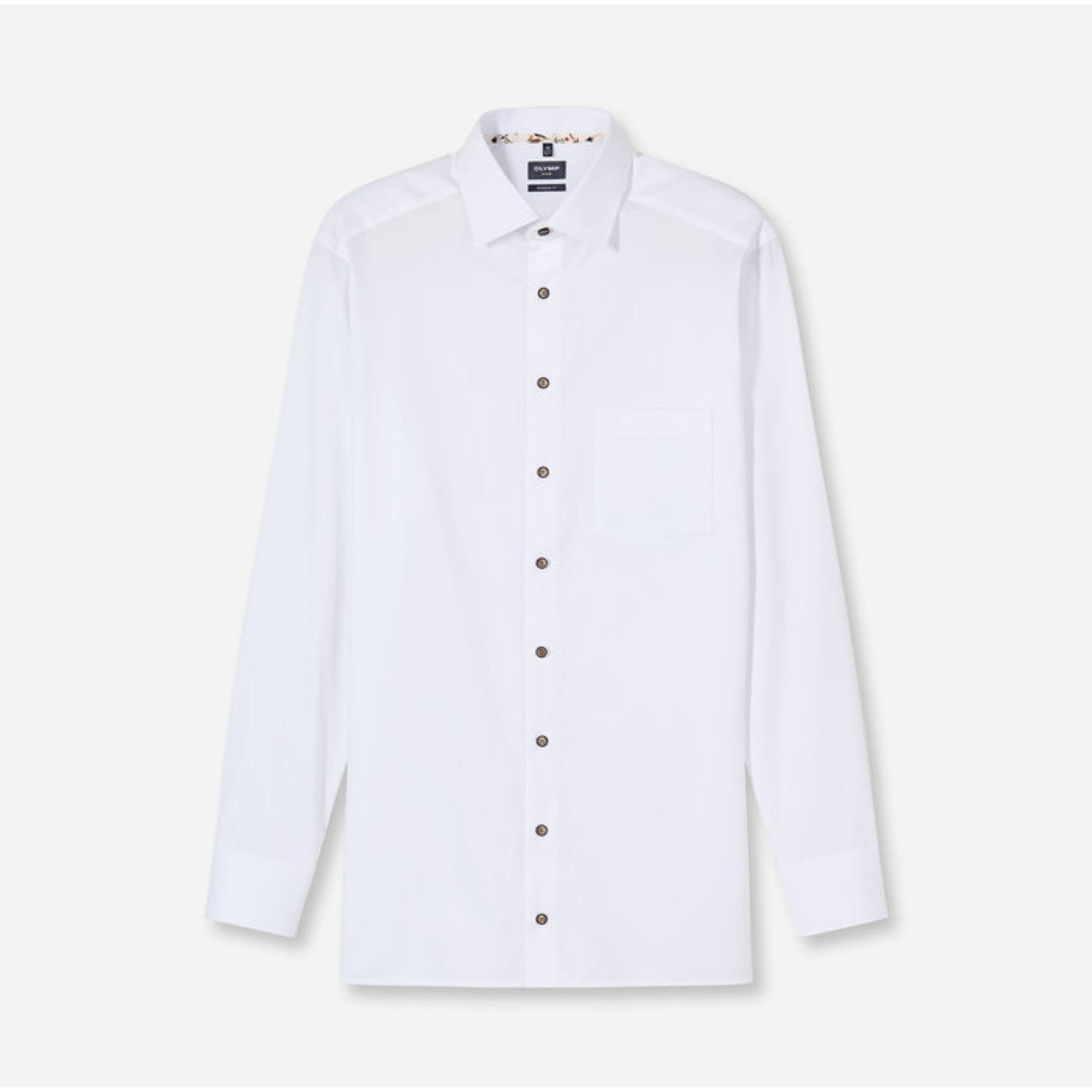 White dress shirt with brown buttons on a white background