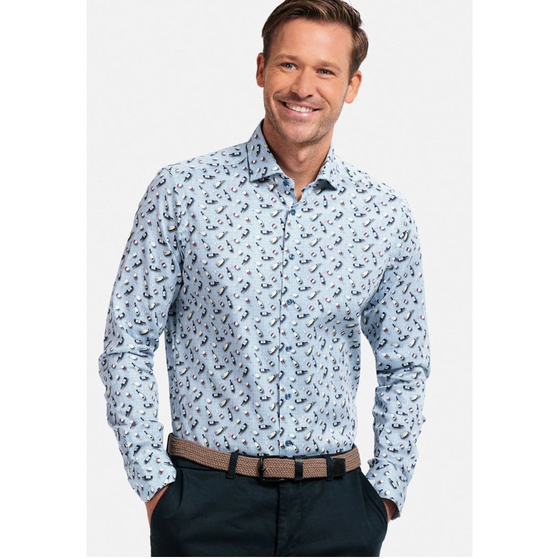 Giordano Wine Bottles Print Modern Fit Cotton Stretch Shirt Navy 427829
