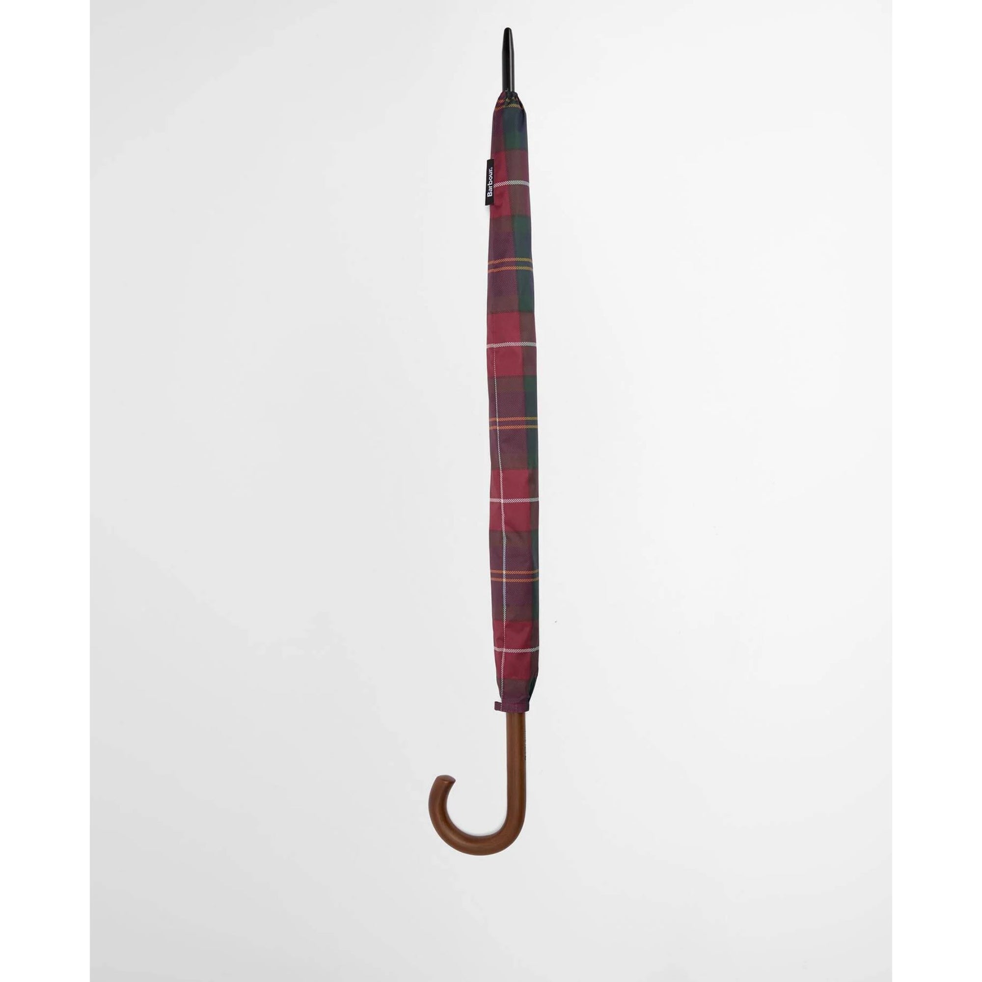 Plaid-patterned umbrella with a wooden handle on a white background