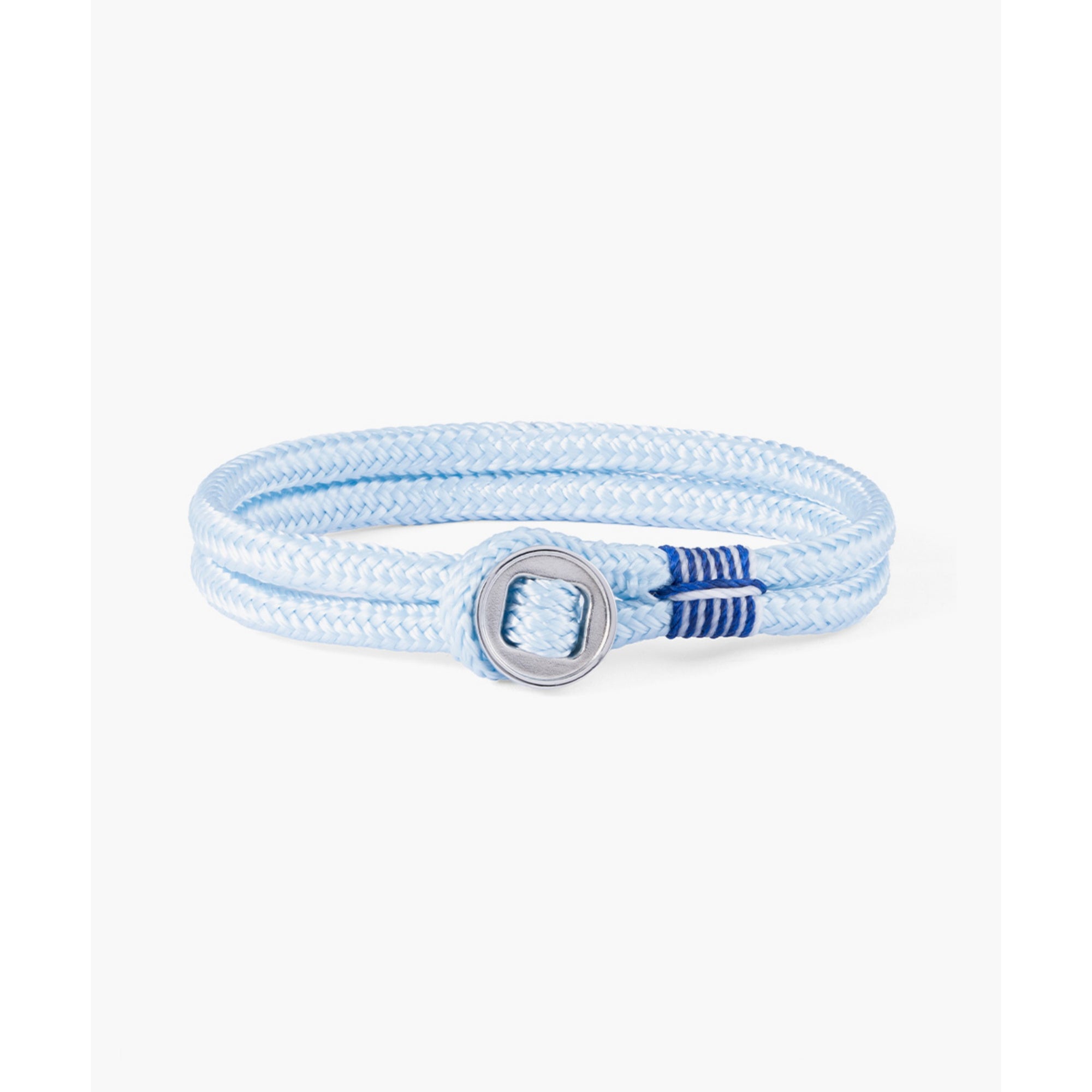 Light blue woven bracelet with a silver clasp on a white background