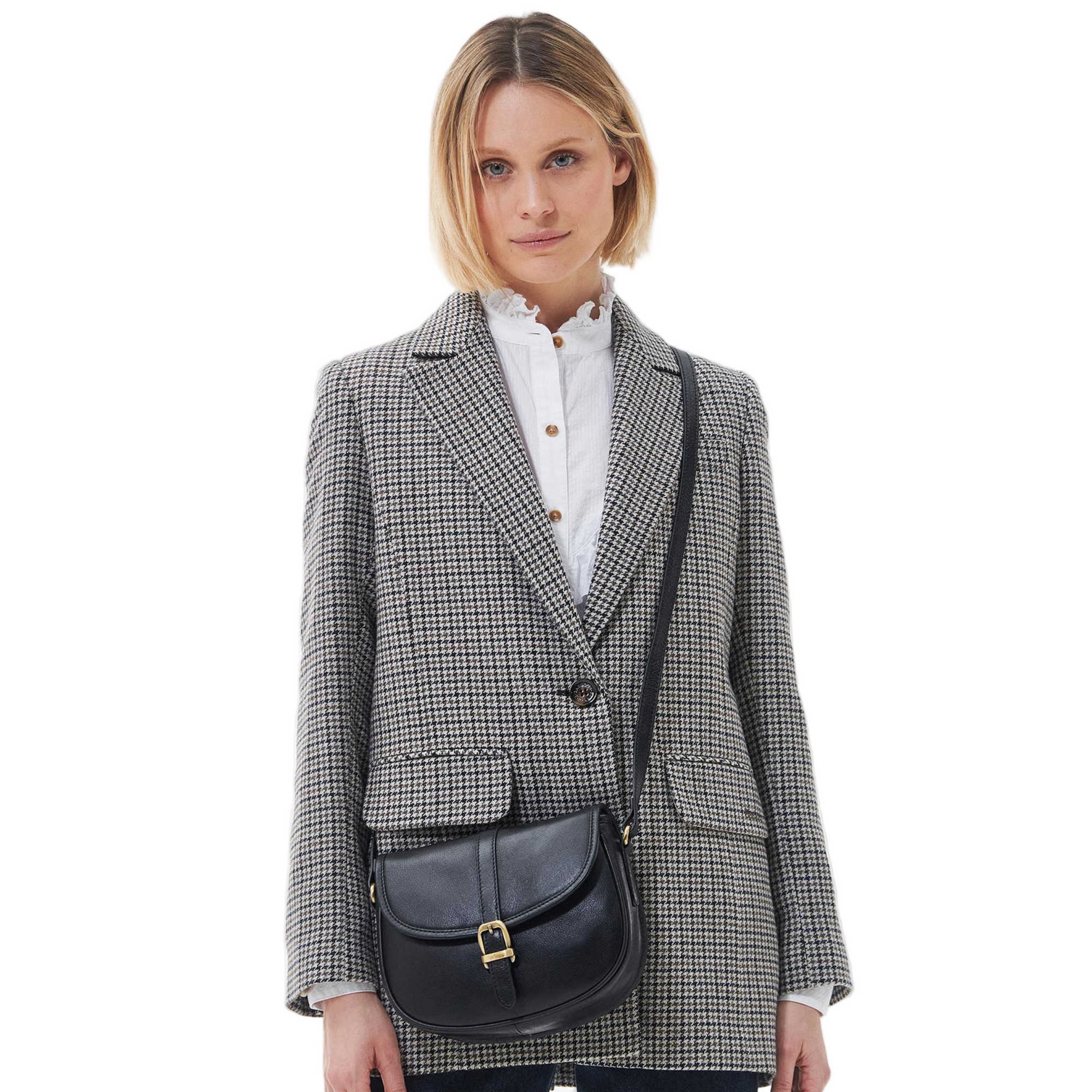 Women wearing Barbour Laire Medium Leather Saddle Bag in Black across her body