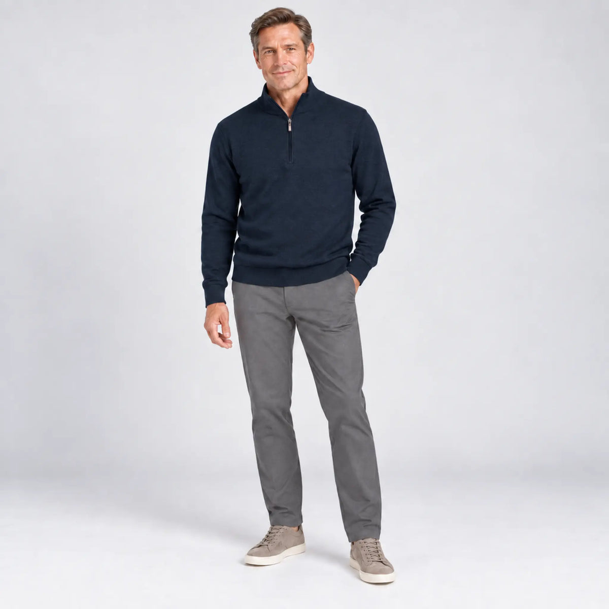 Baileys Cotton-Cashmere Quarter-Zip Pullover in Dark Denim