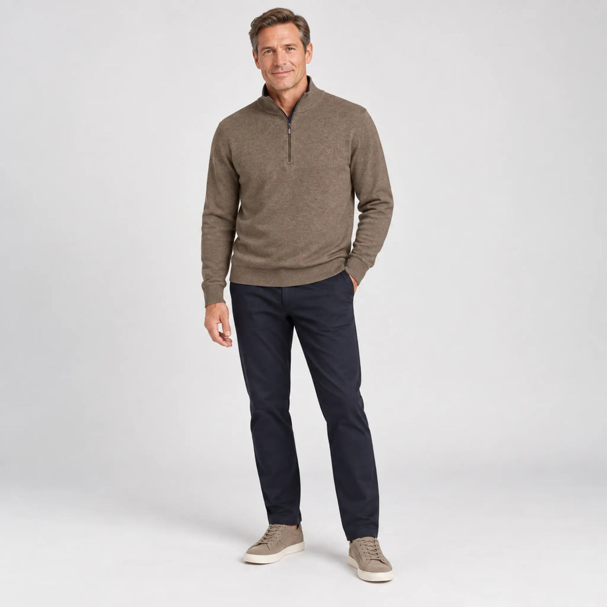 Baileys Cotton-Cashmere Quarter-Zip Pullover in Taupe