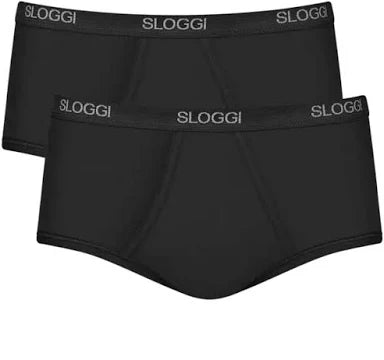 Two black boxer briefs with Sloggi branding on a white background