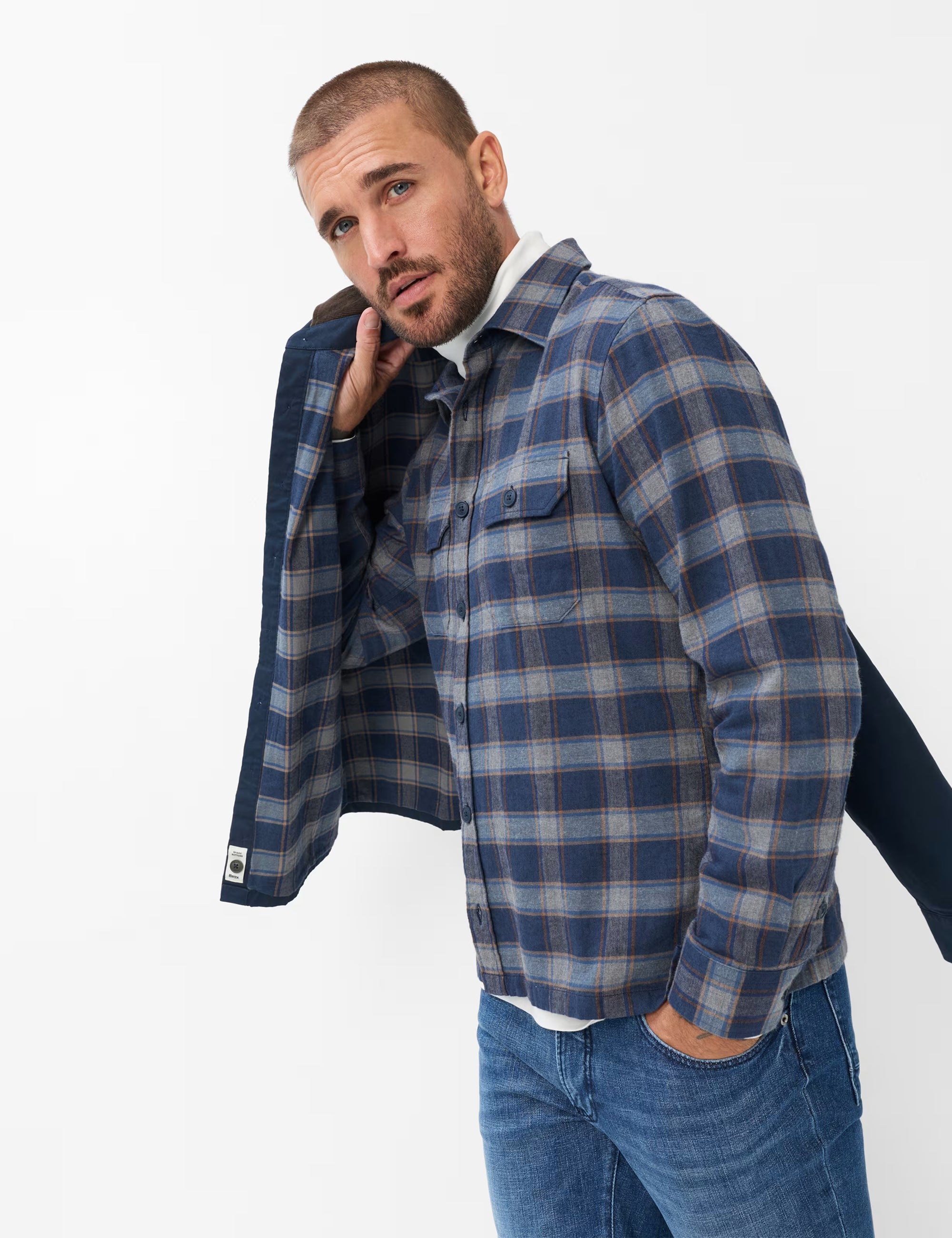 BRAX Kay Cotton Flannel Overshirt Dark Blue Check 74-0139