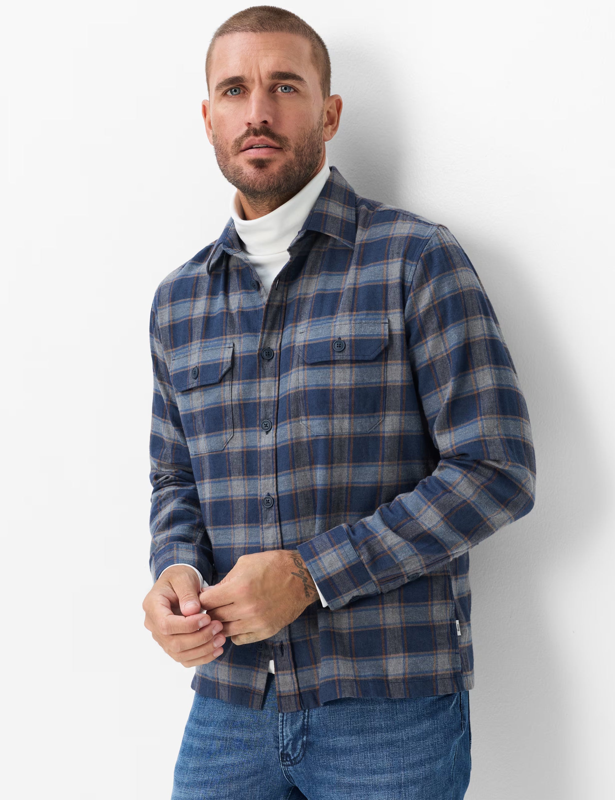 BRAX Kay Cotton Flannel Overshirt Dark Blue Check 74-0139