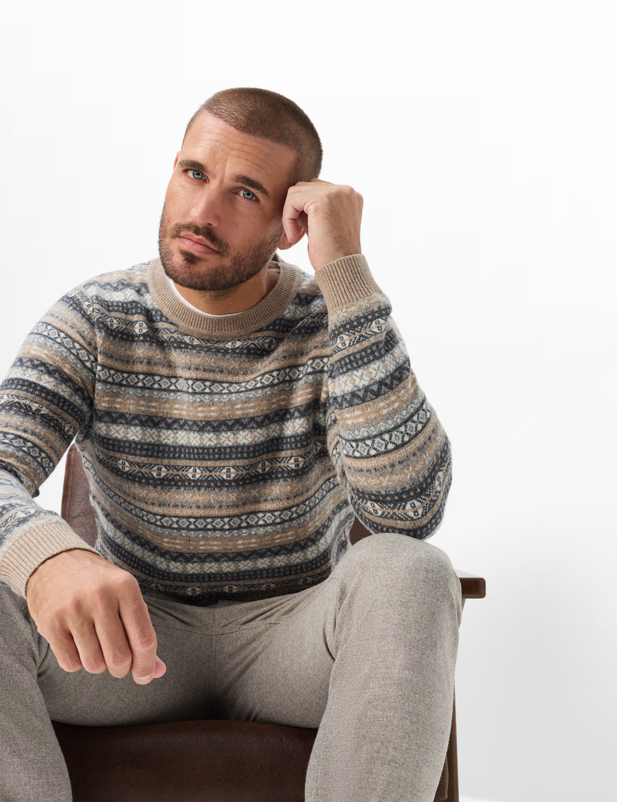 Brax Rick J Wool Blend Jacquard Knitted Crew Neck Jumper