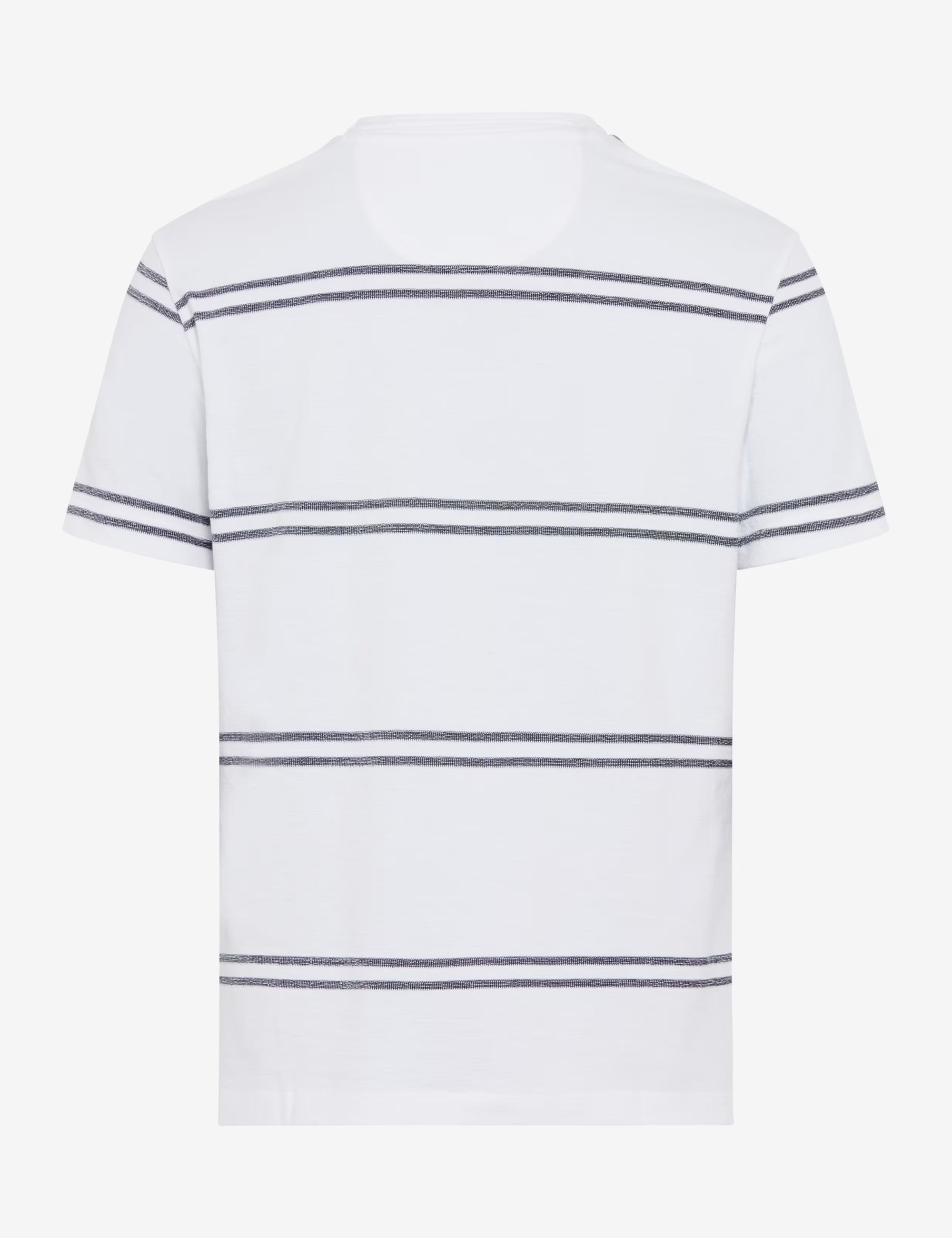 White polo shirt with thin blue stripes on a white background