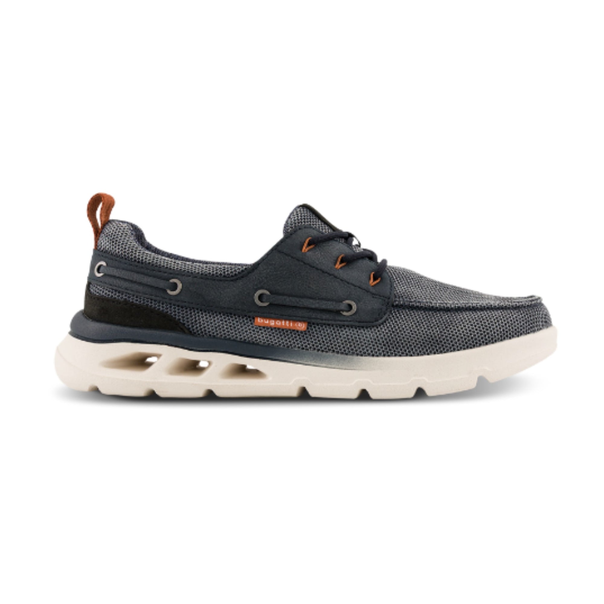 Denim blue trainer deck shoe with white sole on a white background