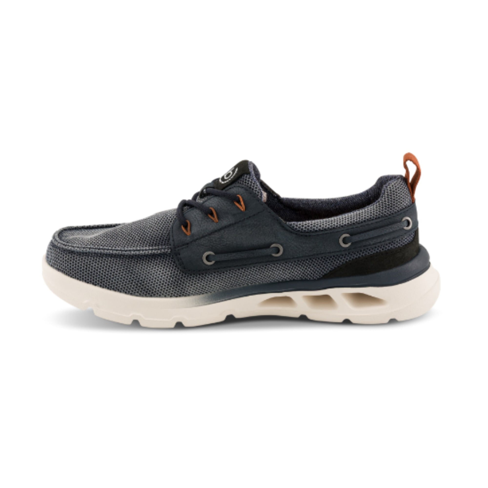 Denim blue trainer deck shoe with white sole on a white background