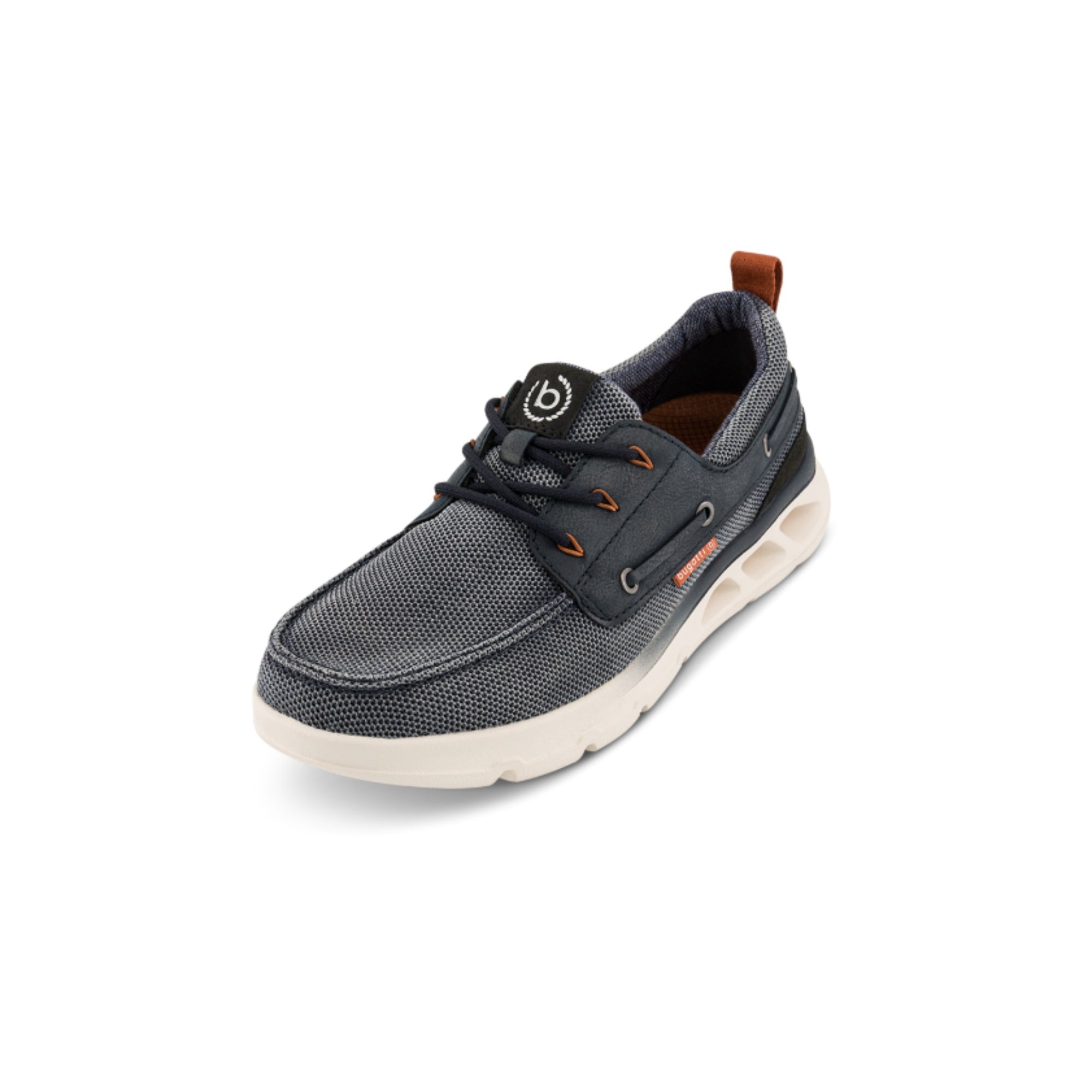 Denim blue trainer deck shoe with white sole on a white background