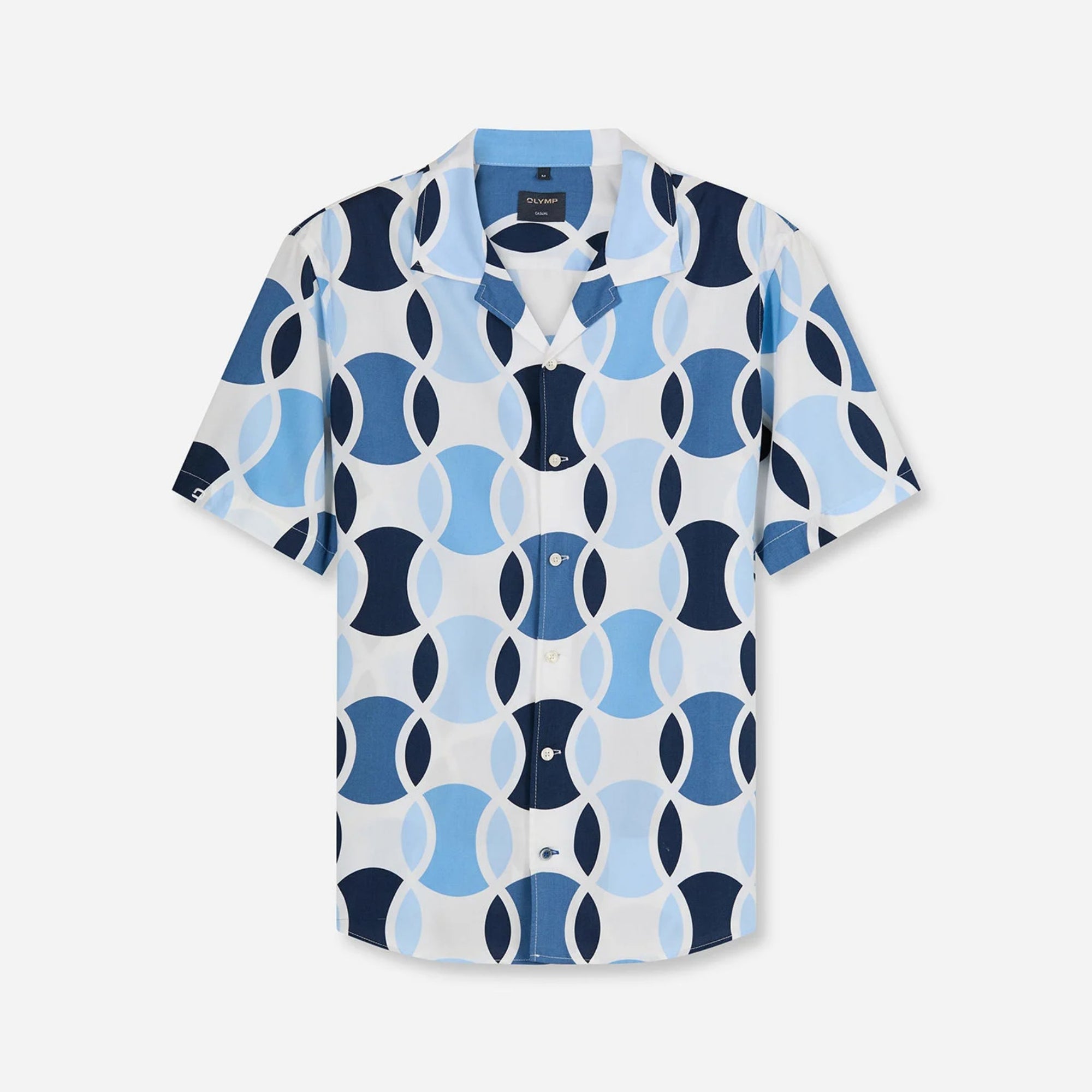 Short-sleeve shirt with blue and white geometric pattern on a light gray background
