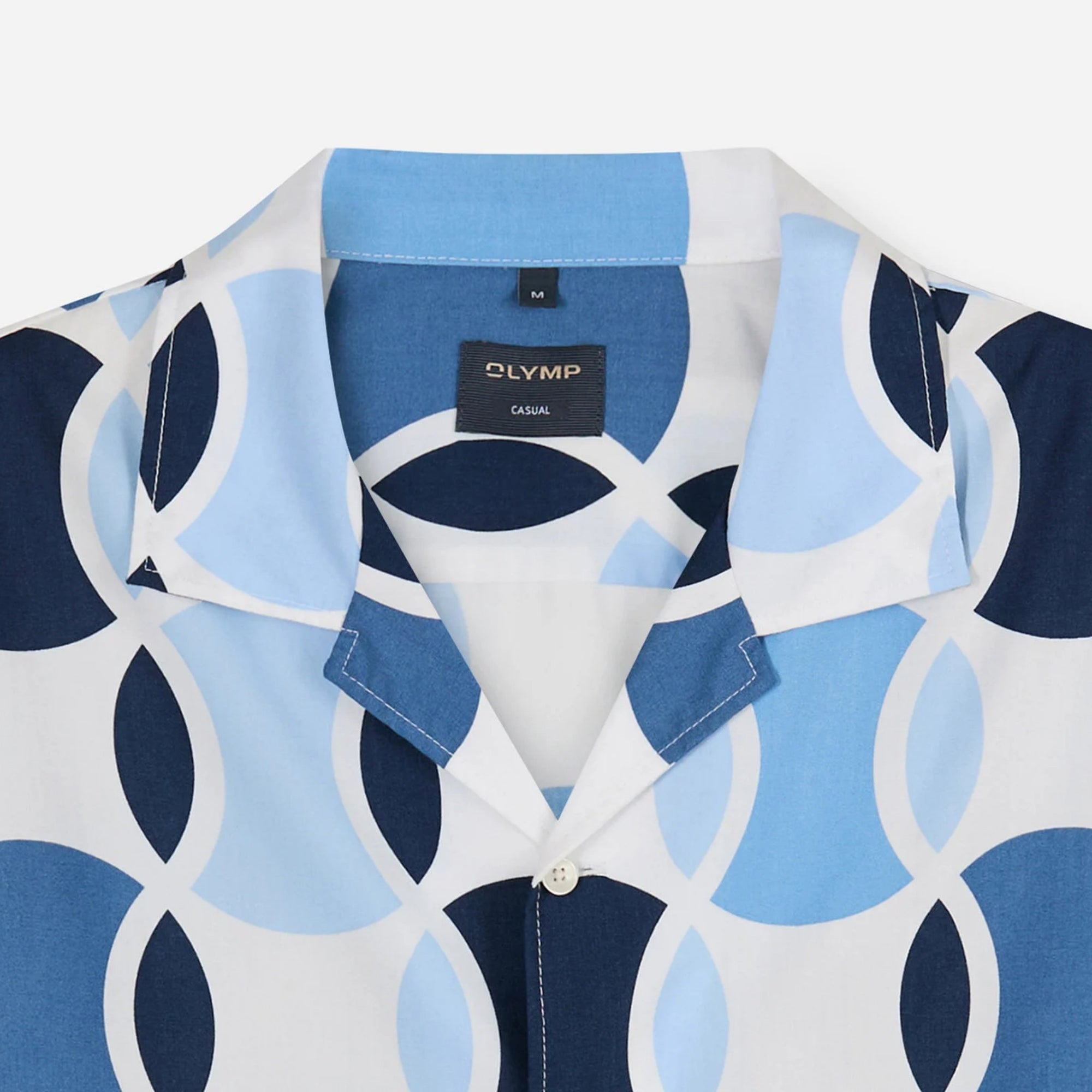Blue and white patterned shirt with 'Olymp' label on a white background