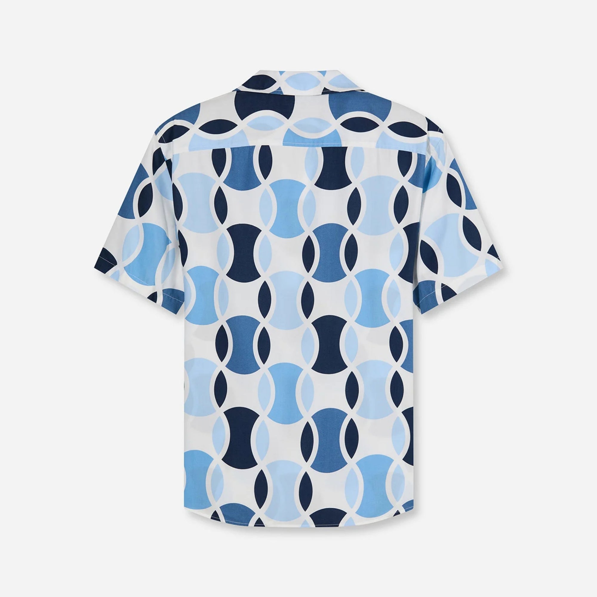 Short-sleeve shirt with blue and white geometric pattern on a white background